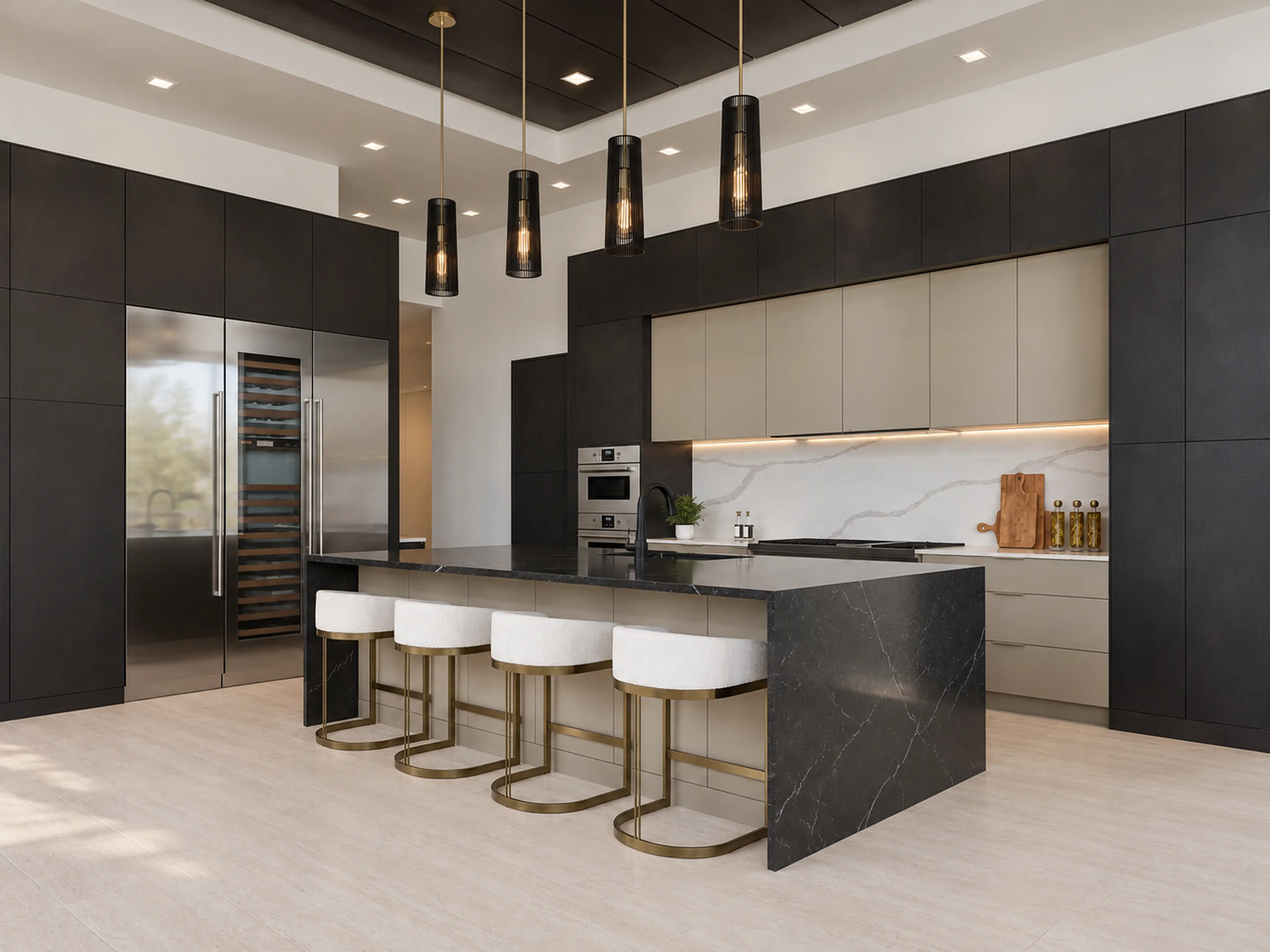 Kitchen with black millwork, pale cabinetry and a waterfall island.