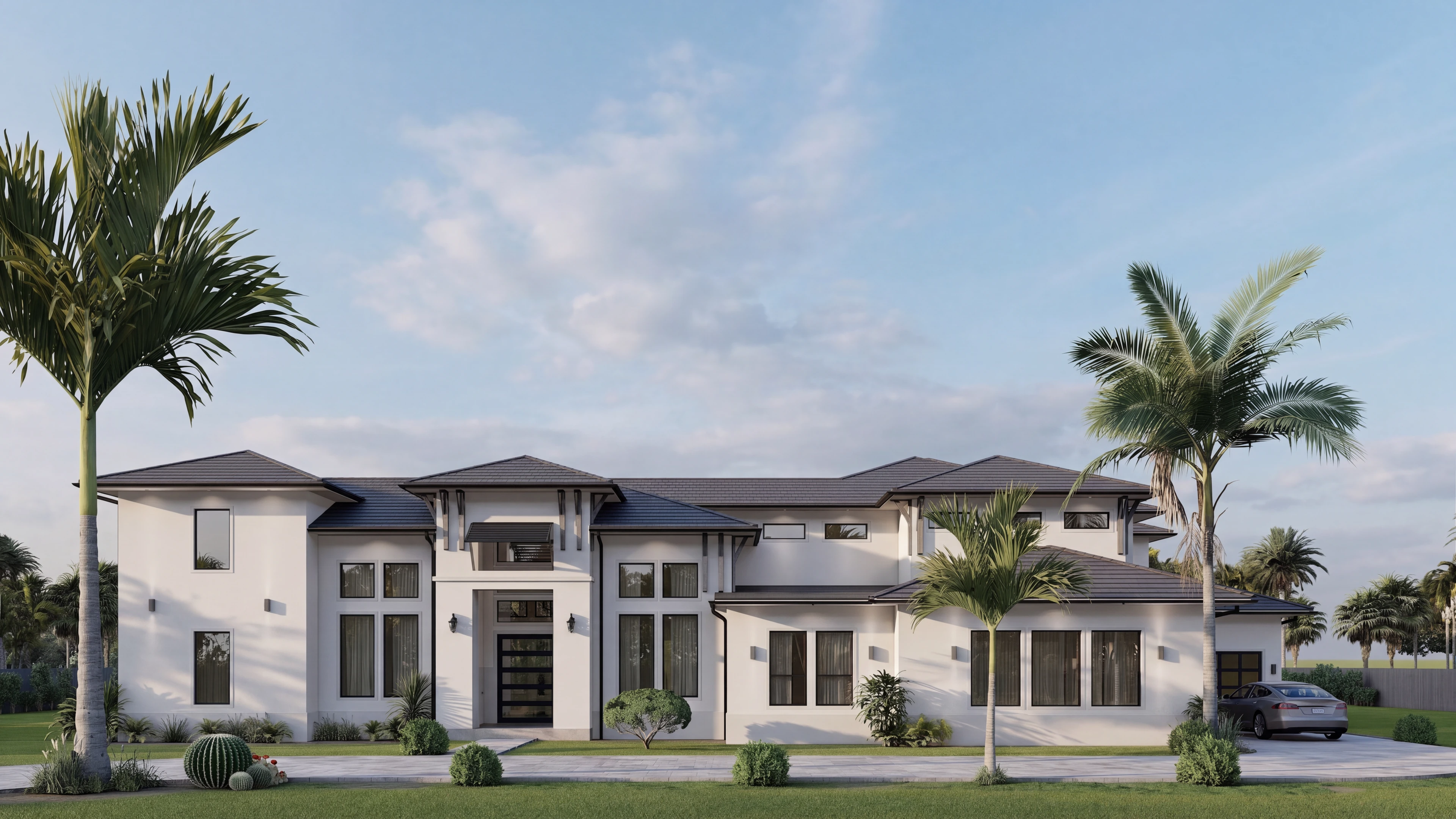 Front elevation of a two-story home framed by palm trees.