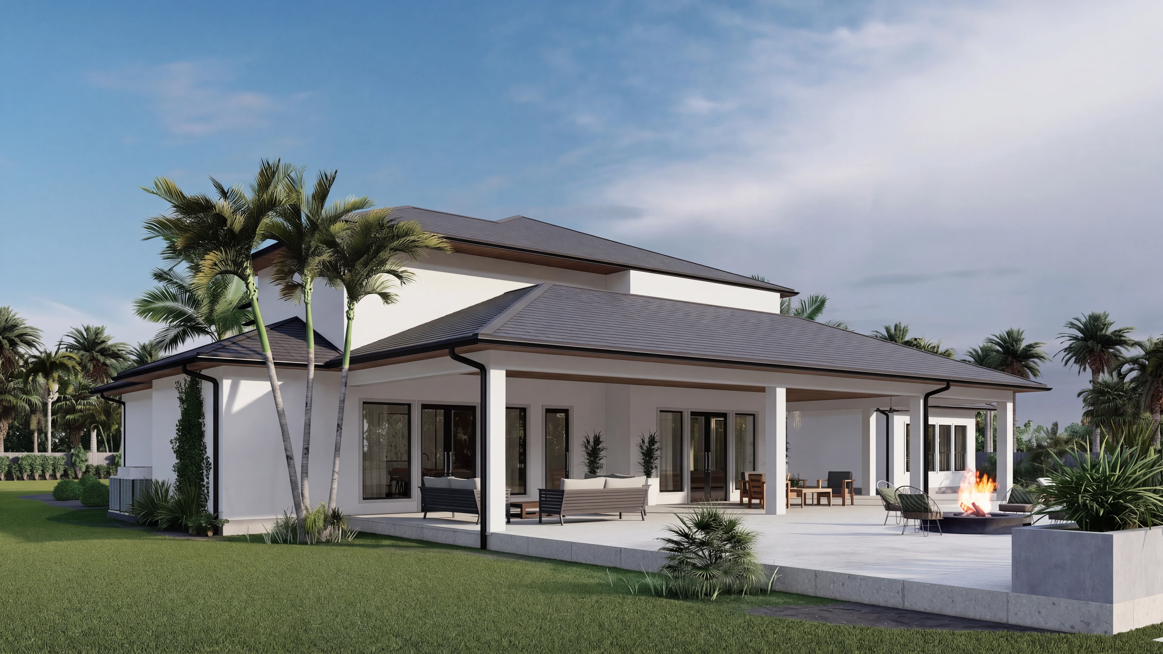 Rear exterior with a covered terrace and broad lawn.