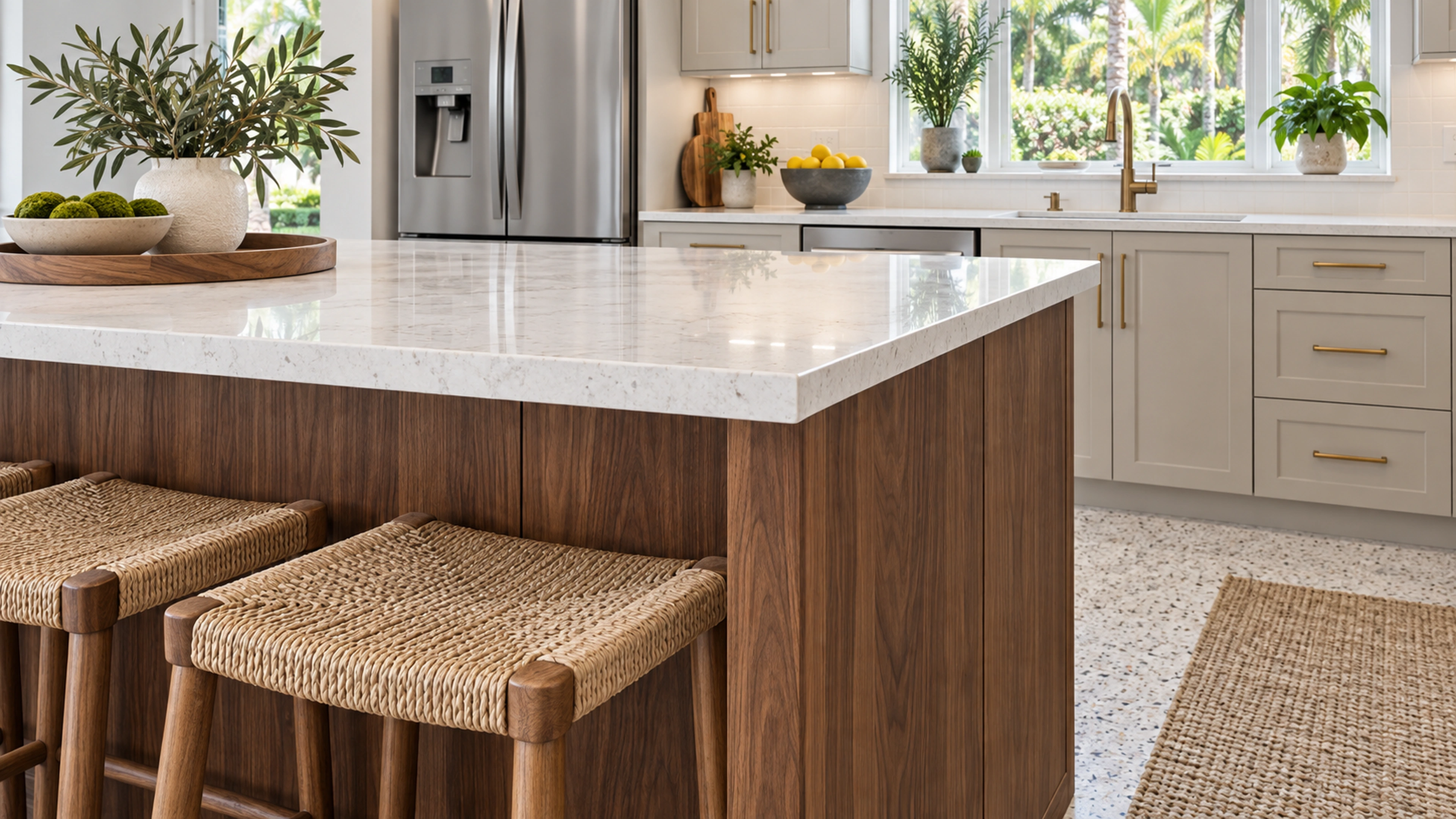 Family Kitchen — material and storage details; design-concept visualization.