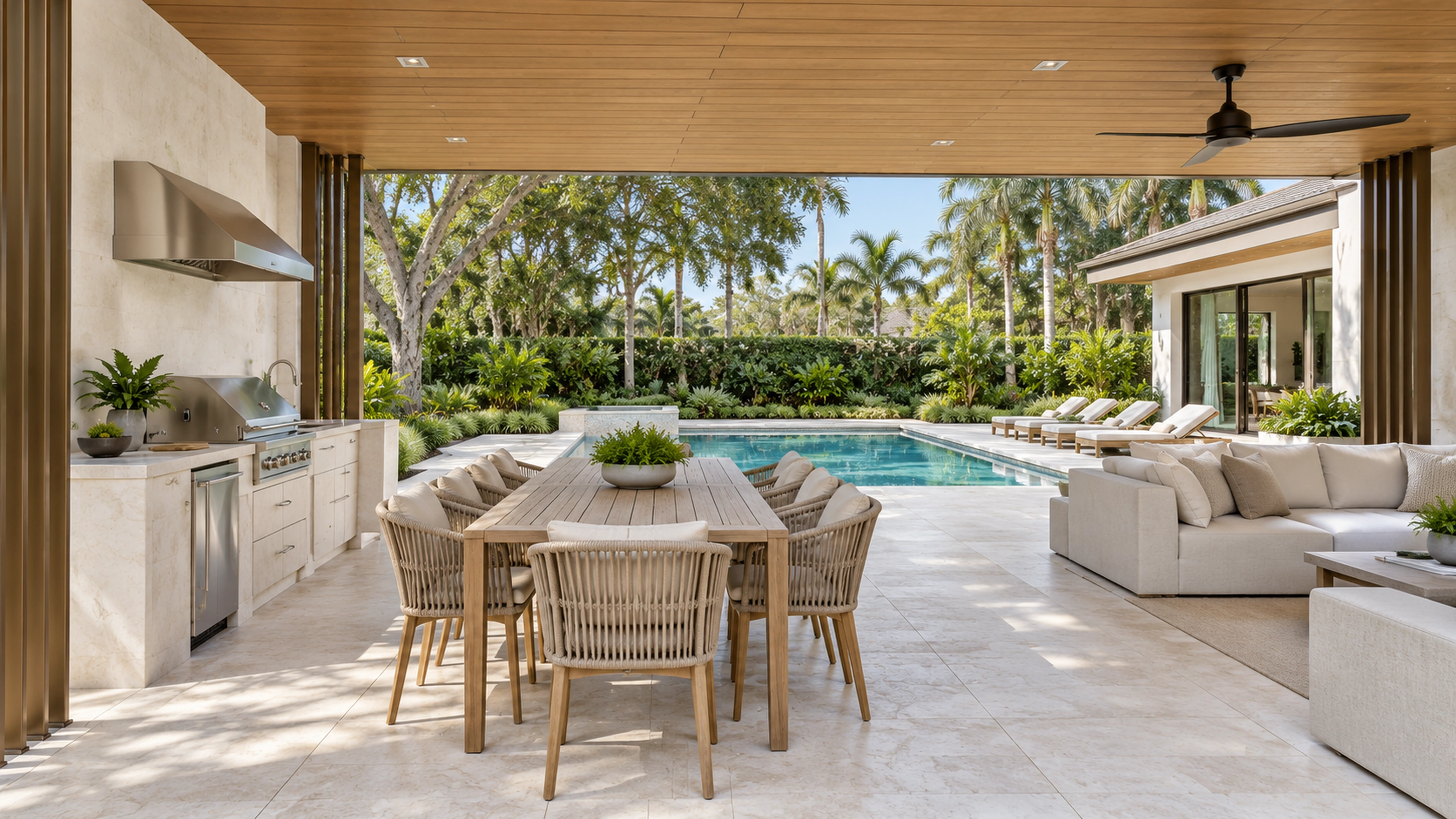 Garden Pavilion & Pool — outdoor cooking and gathering; design-concept visualization.