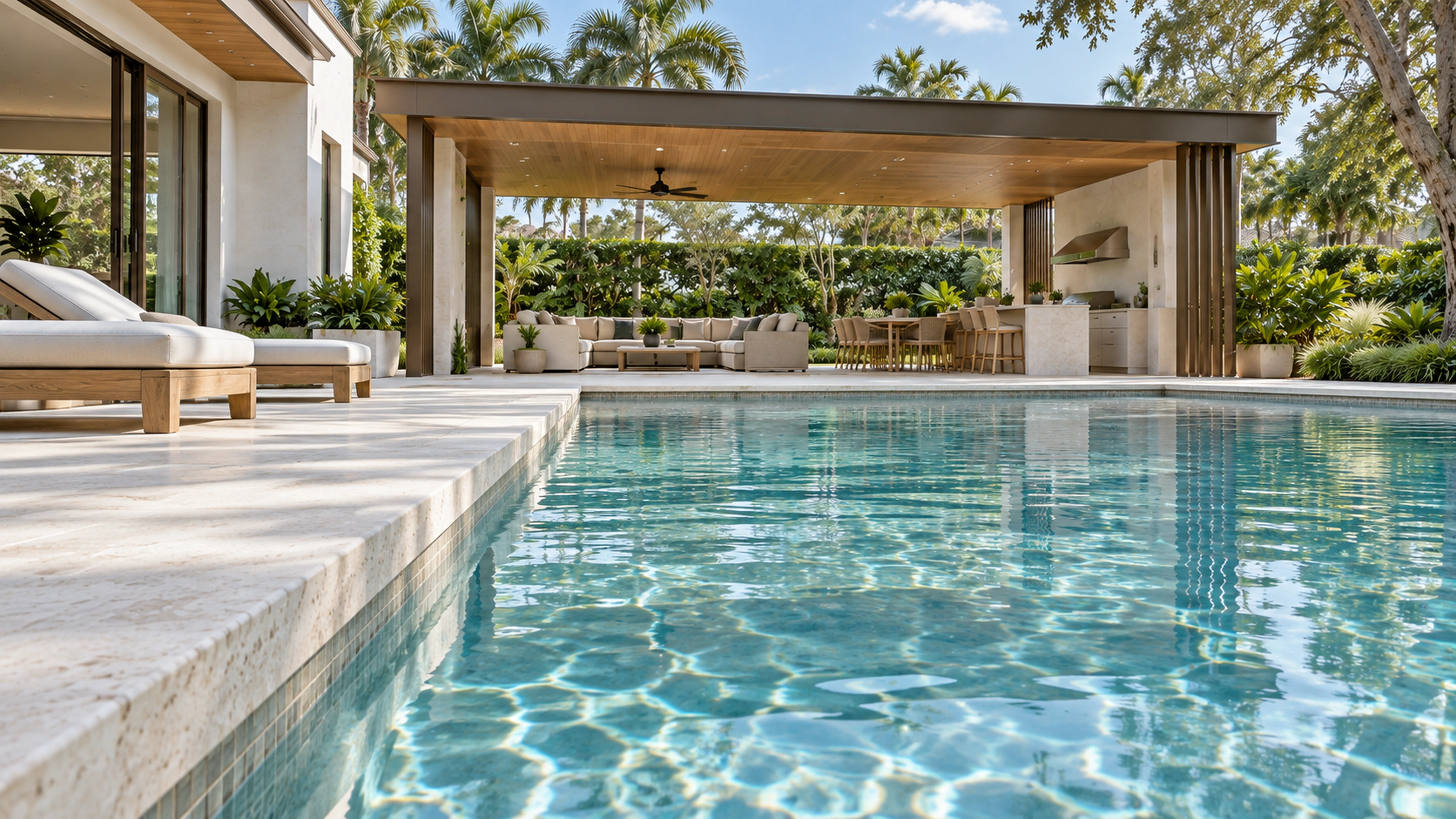 Garden Pavilion & Pool — at the waterline; design-concept visualization.