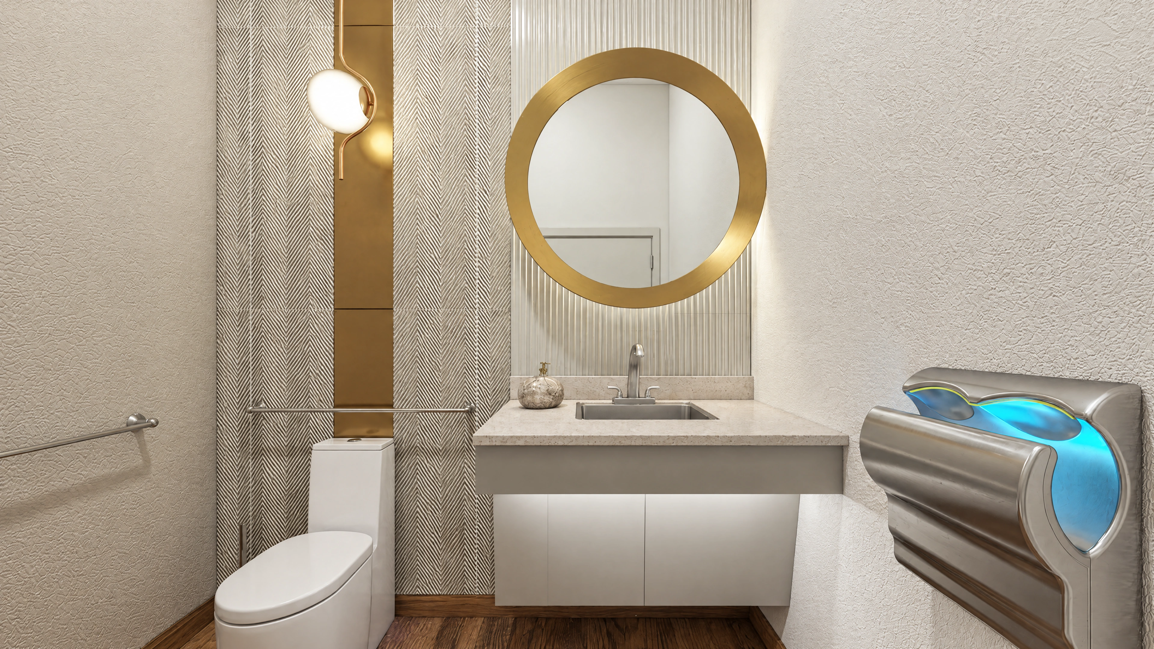 AI-enhanced project view — Studio bathroom vanity beneath a round mirror.
