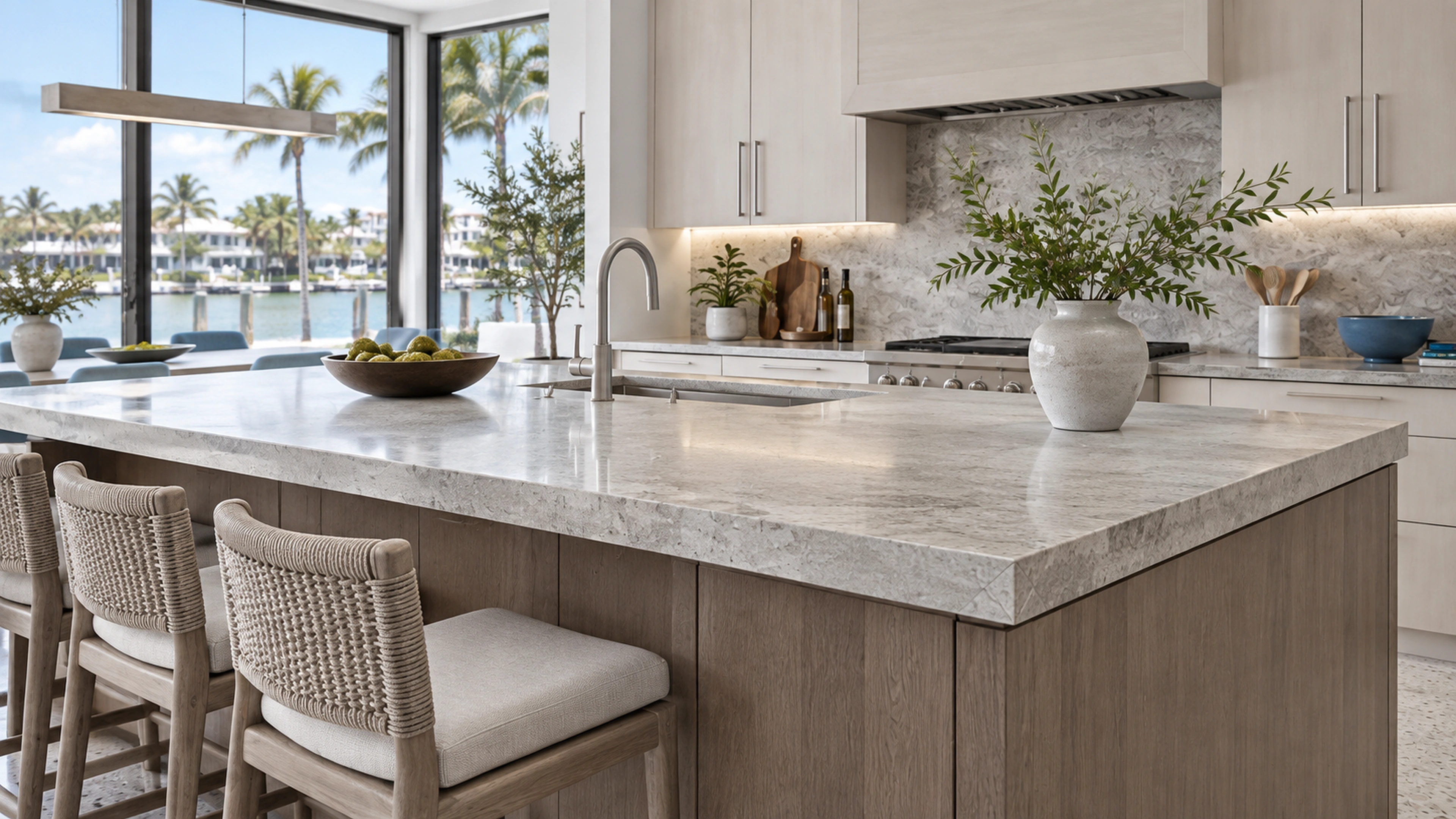 Coastal Kitchen — material and storage details; design-concept visualization.