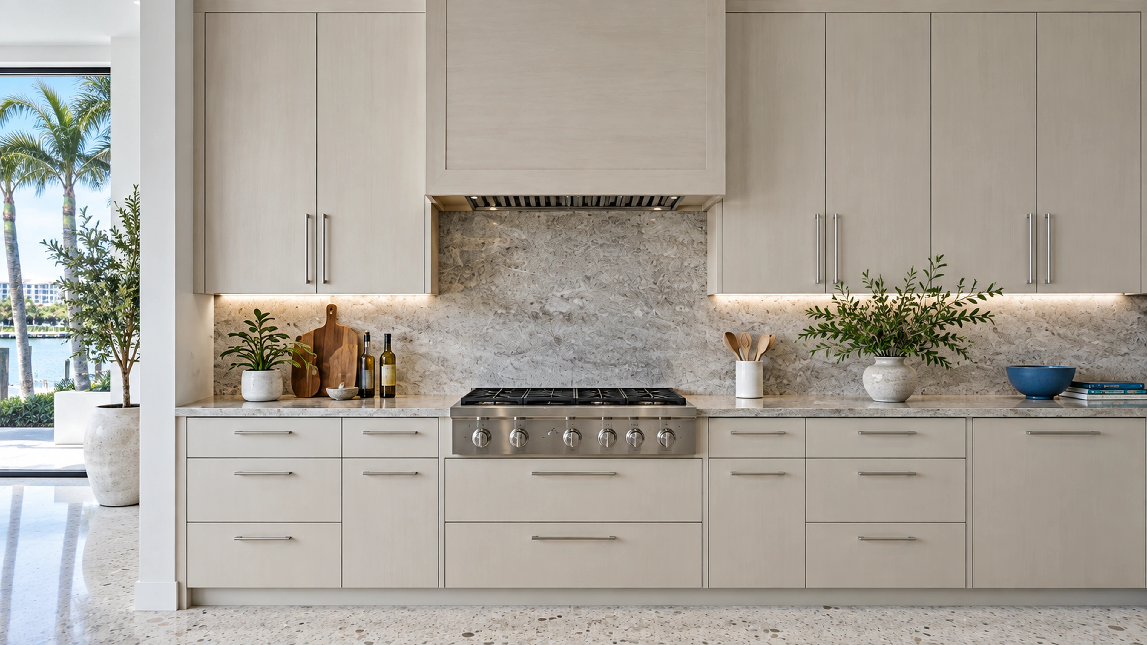 Coastal Kitchen — the cooking wall; design-concept visualization.