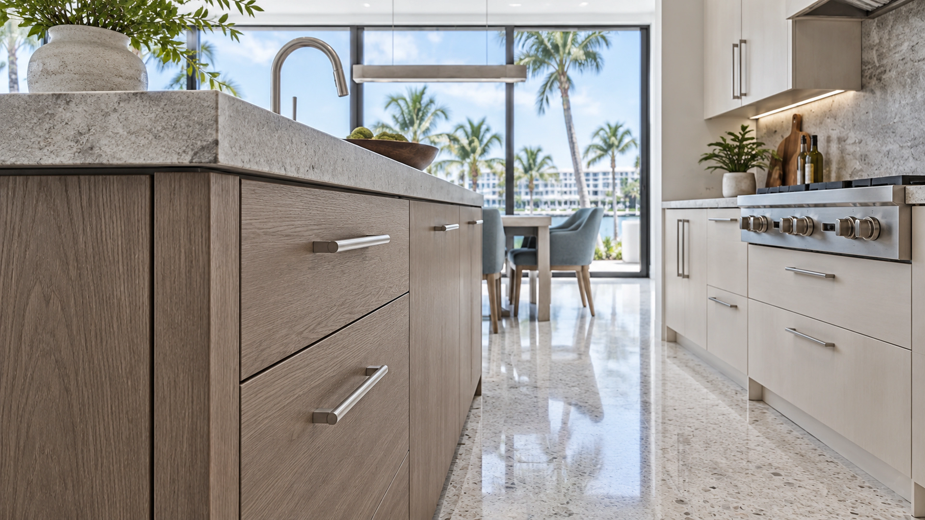 Coastal Kitchen — cabinetry at close range; design-concept visualization.