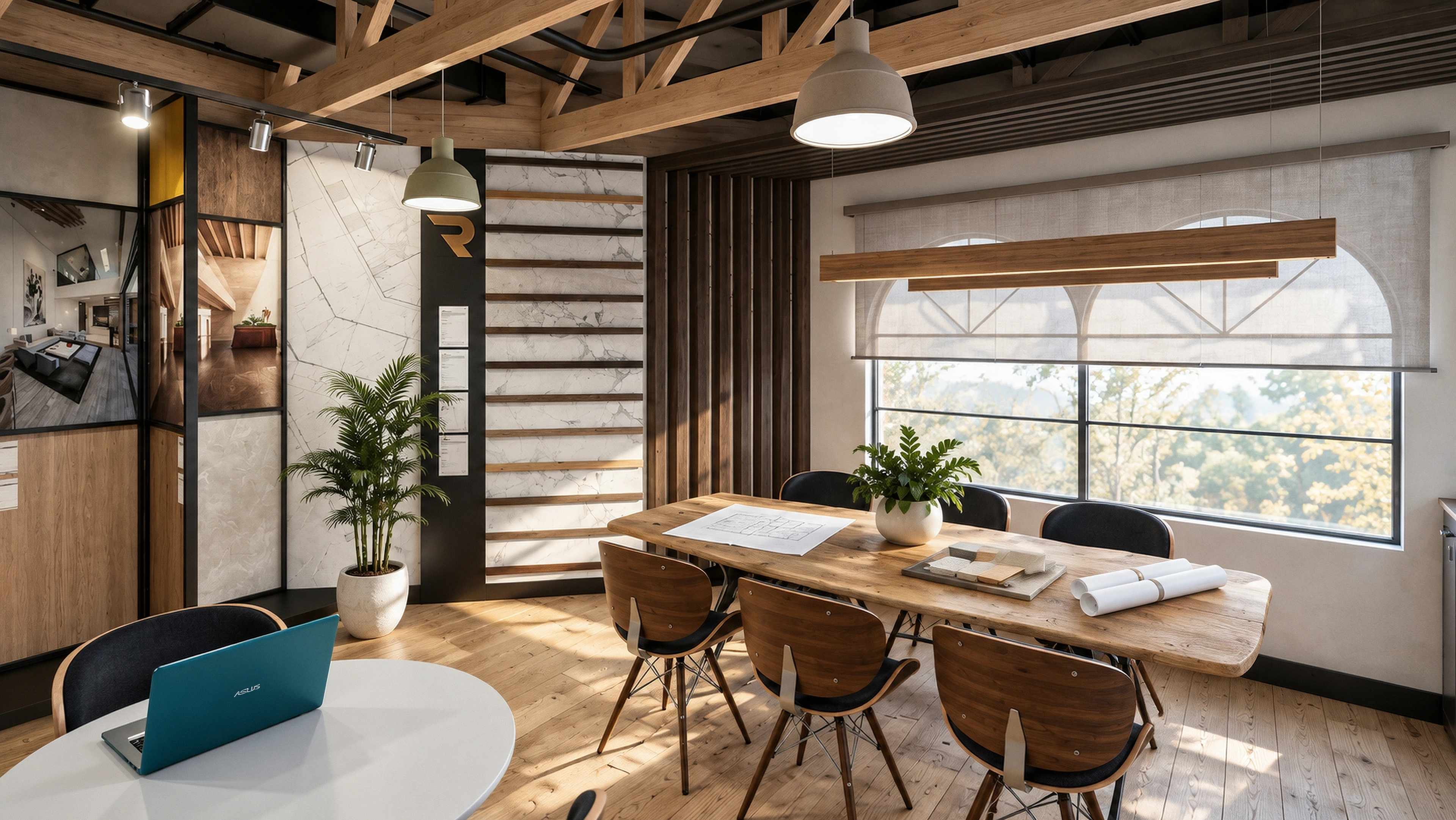 Office meeting area with a wood table and broad window.