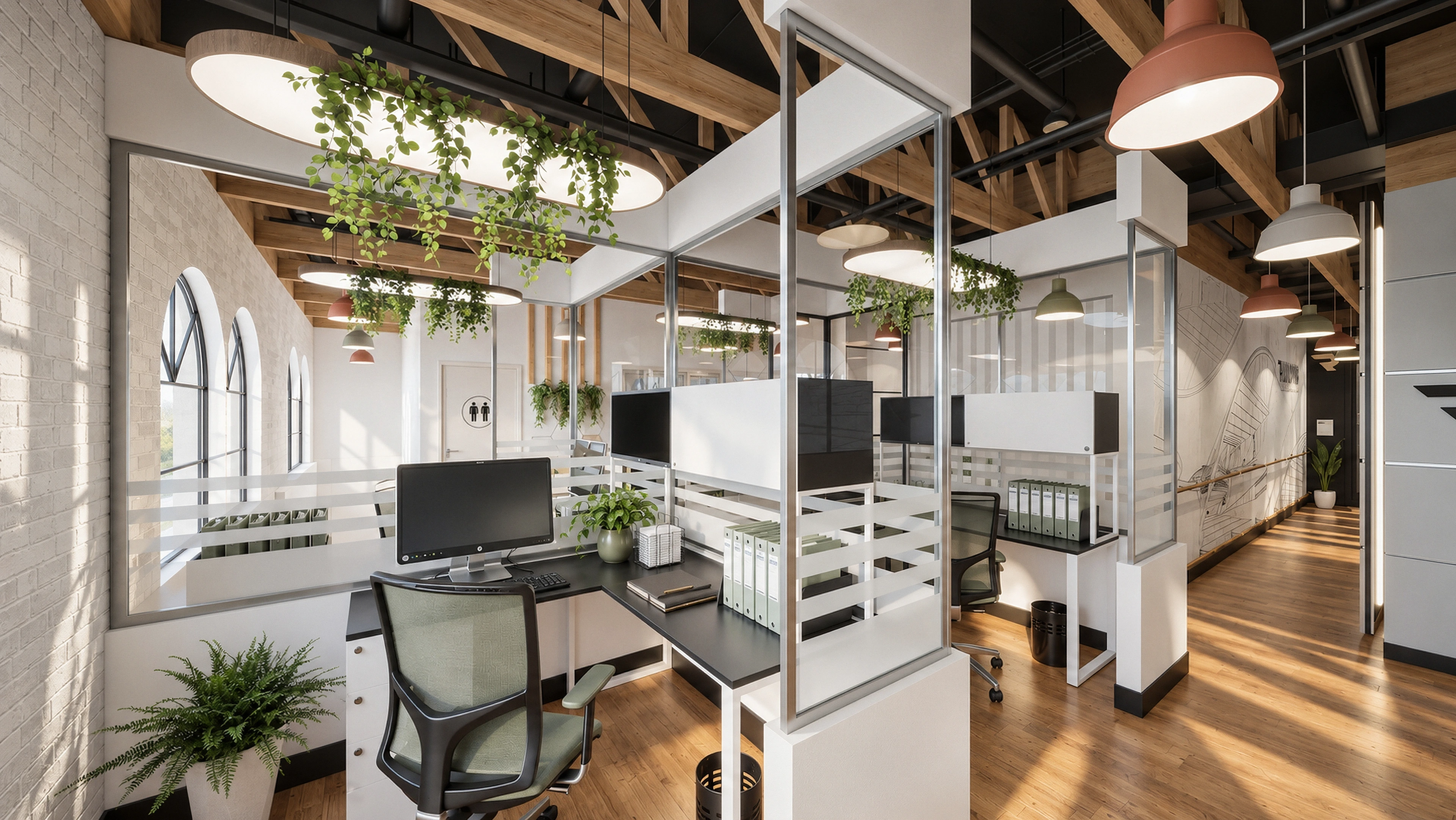 A working desk with natural greenery, a notebook and frosted glass dividers.