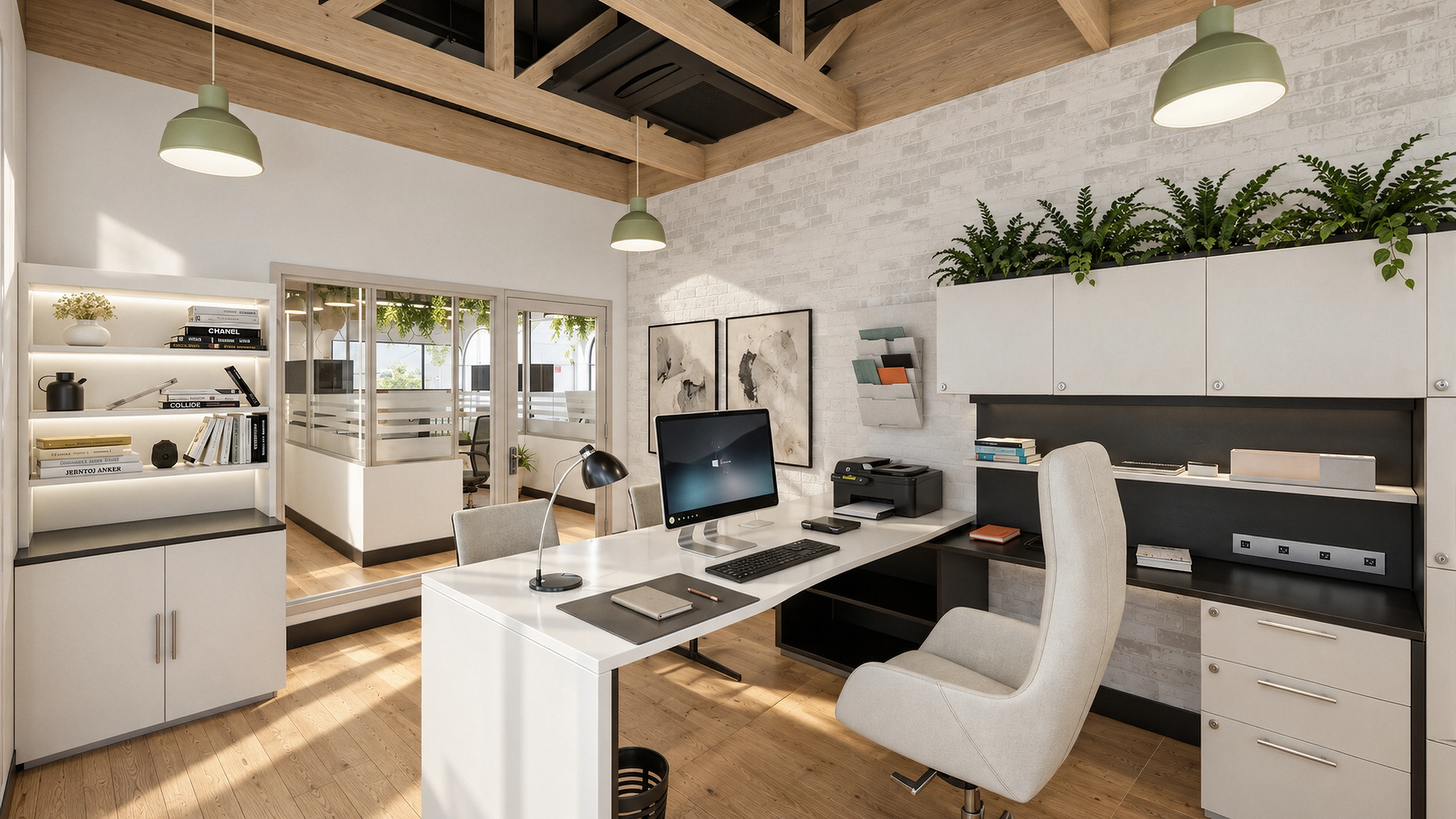 The private office with white joinery, quiet abstract artwork and a tailored work surface.