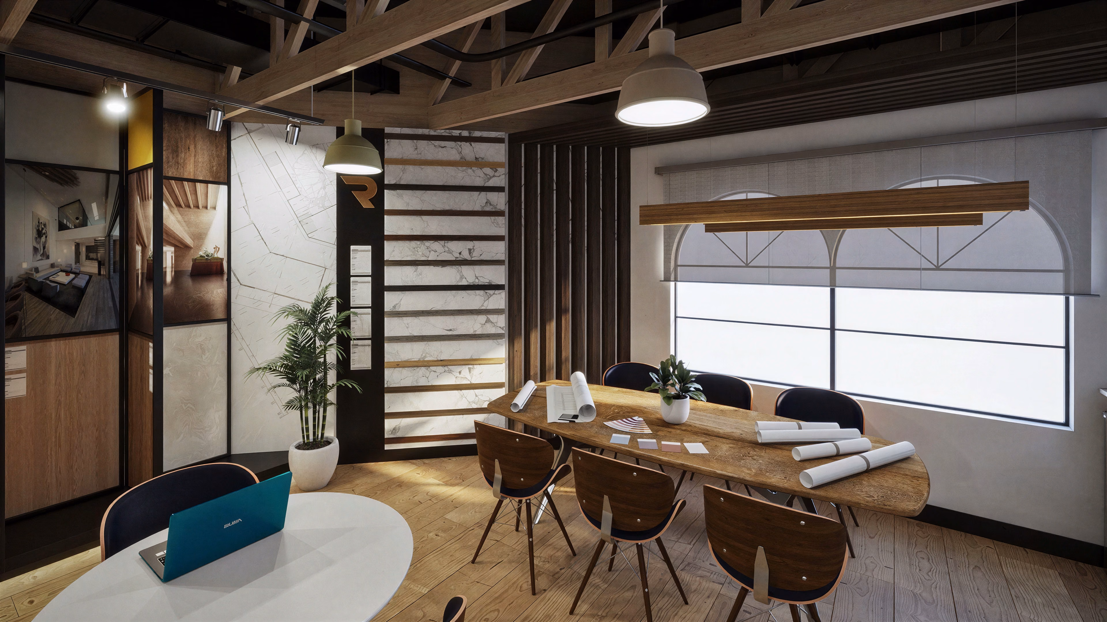 Office meeting area with a wood table and broad window.