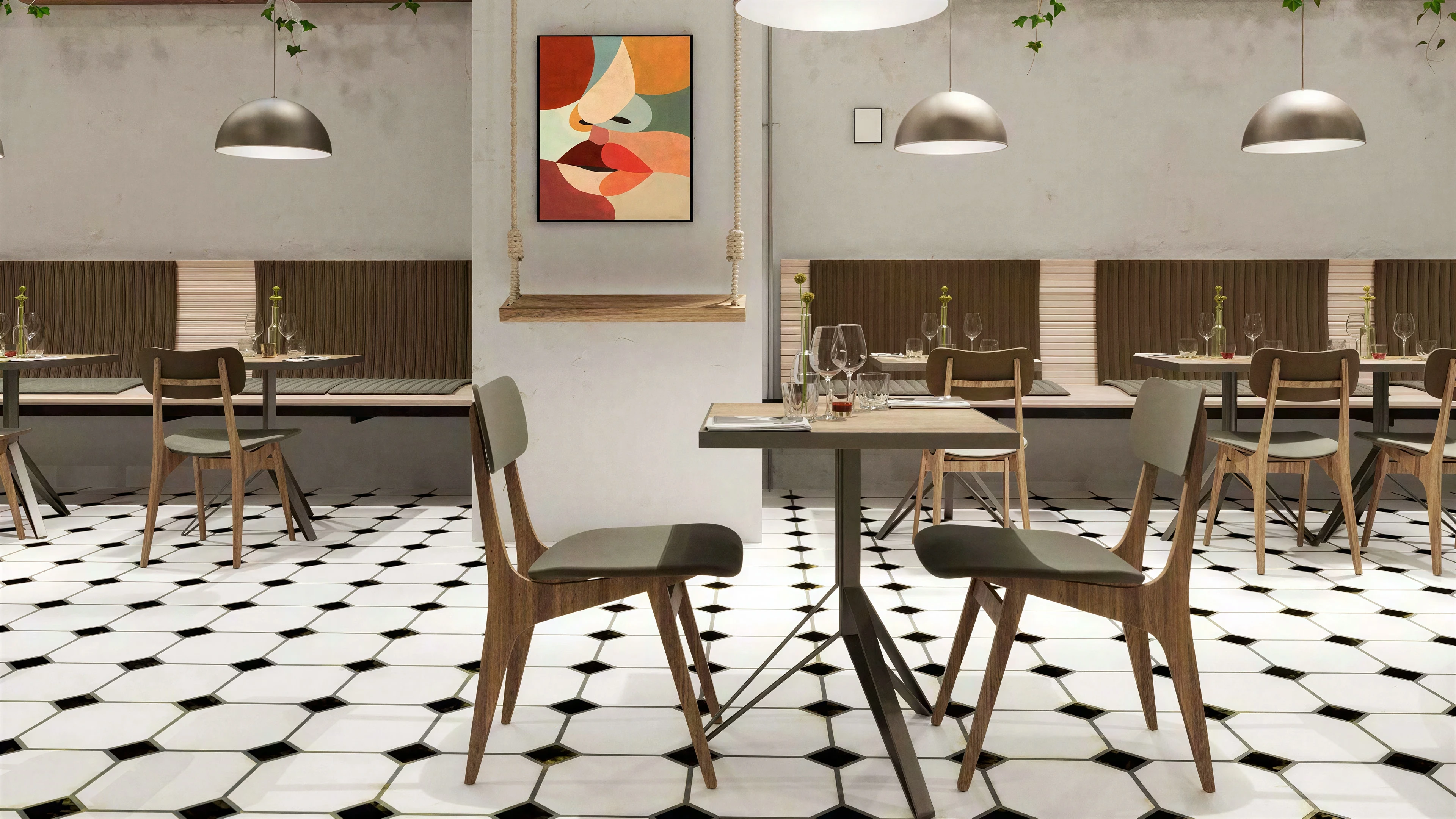 Restaurant tables with wood chairs and a black-and-white tile floor.