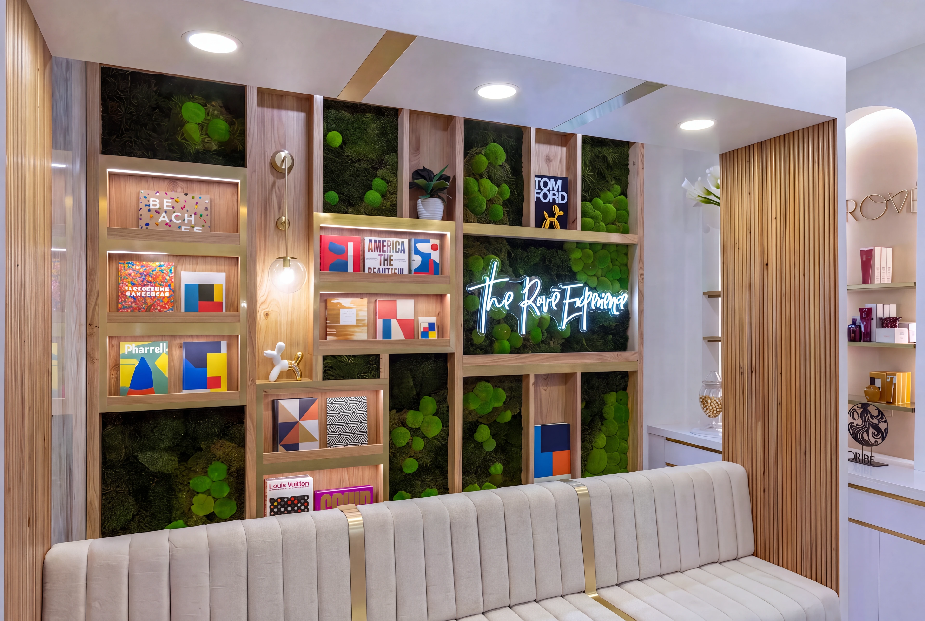Product shelving and green wall accents above a long upholstered bench.