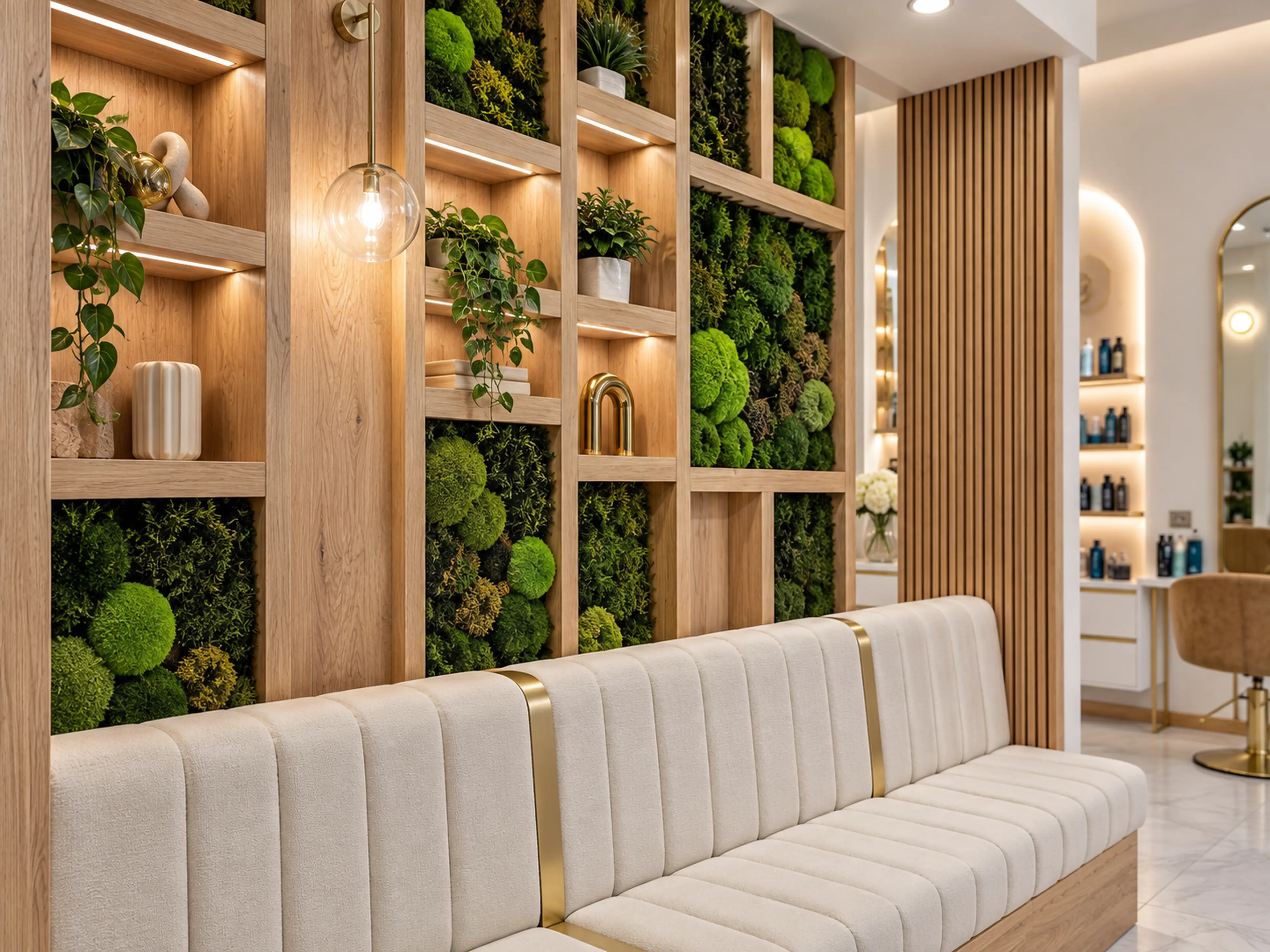Supplemental Rové Salon concept study of the cream waiting bench and illuminated moss wall.