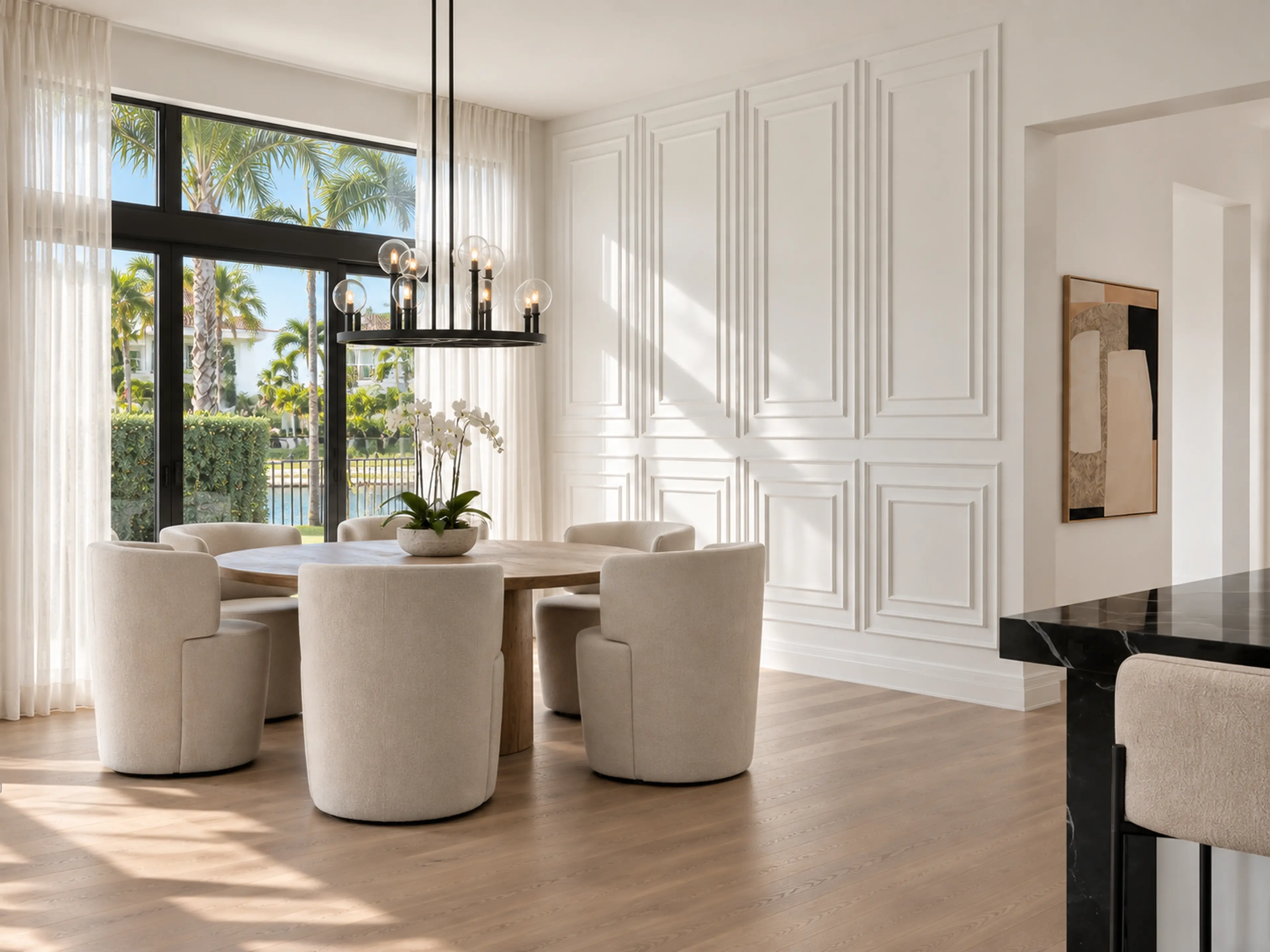 Supplemental view of the round dining table, paneled wall and black chandelier.