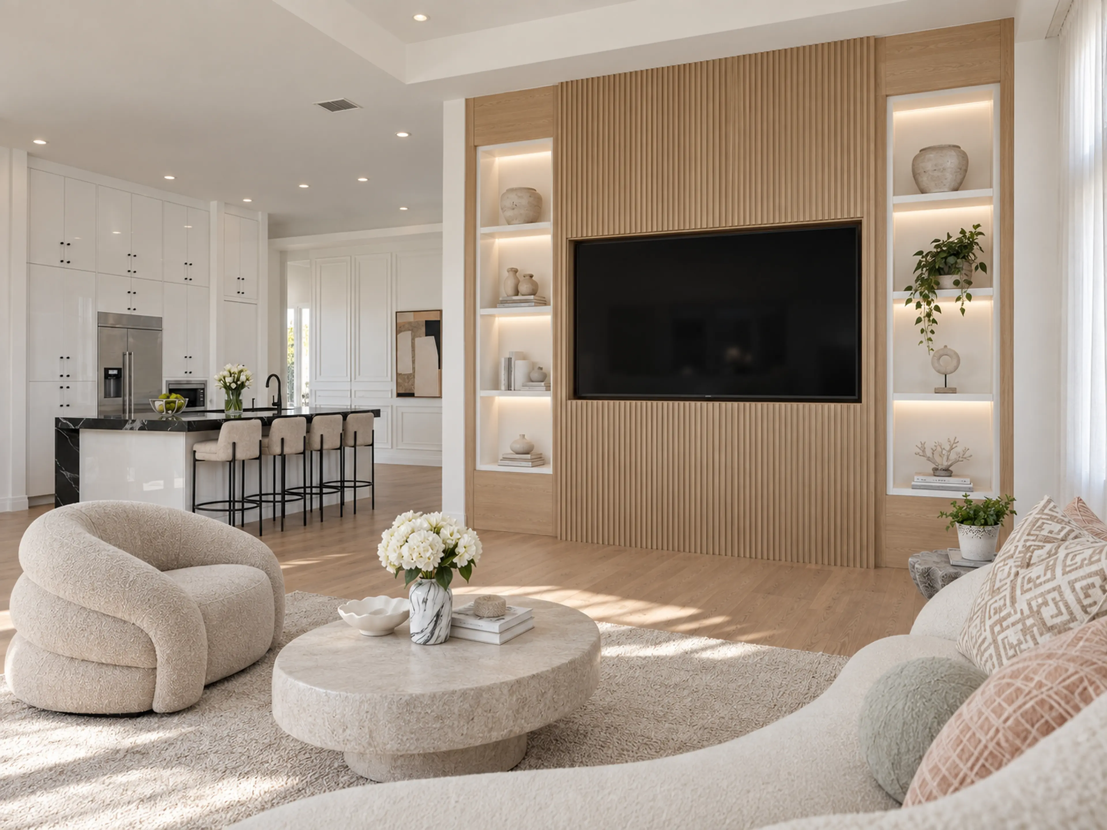 Supplemental living-room view with a fluted oak media wall and recessed shelves.