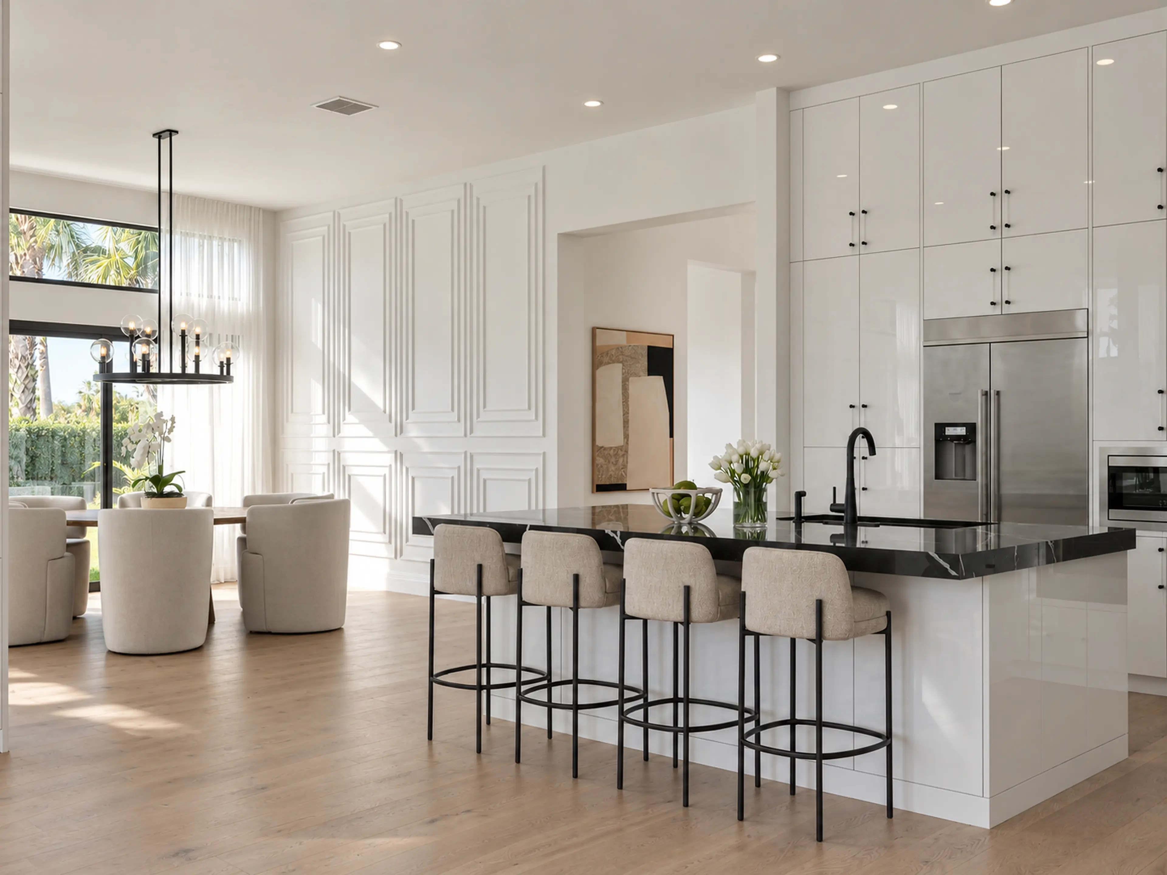 Photographic kitchen view with glossy white cabinetry and a black waterfall island.