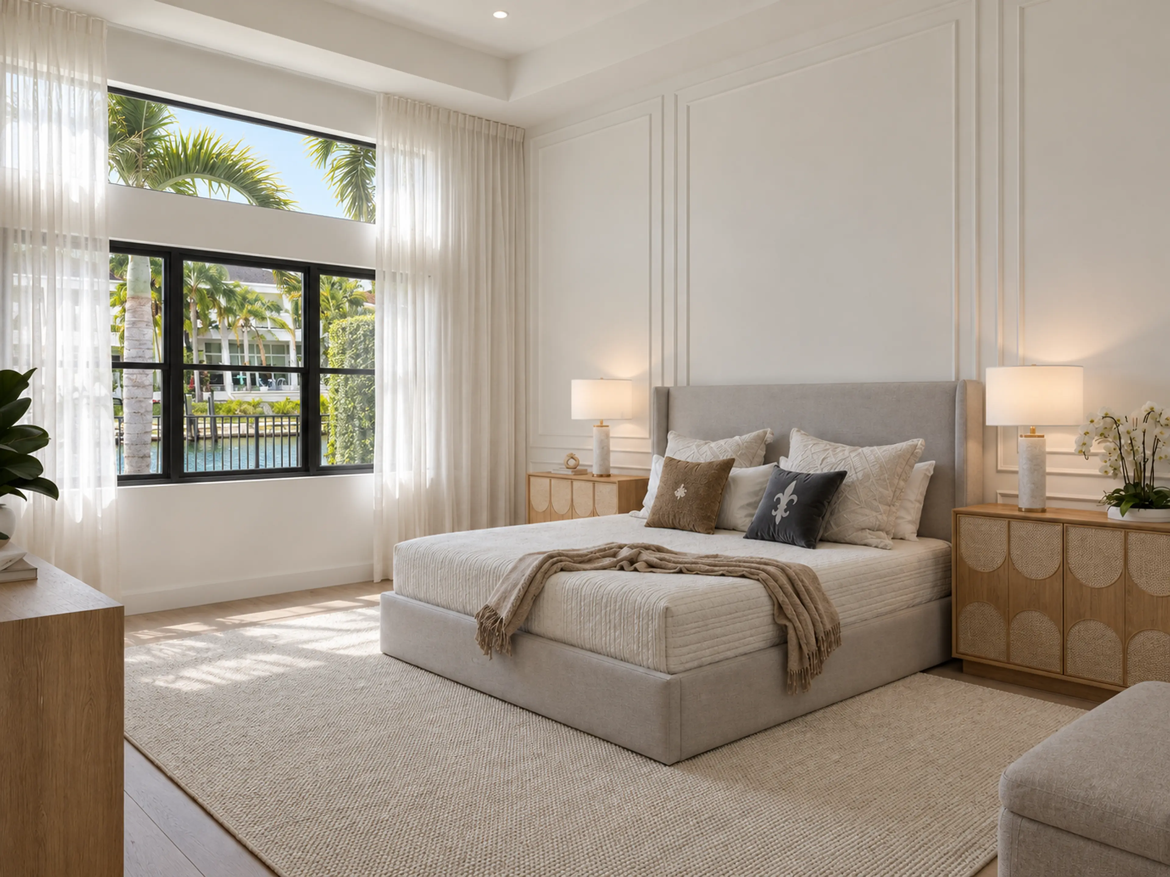 Photographic primary bedroom with paneled walls and layered neutral bedding.