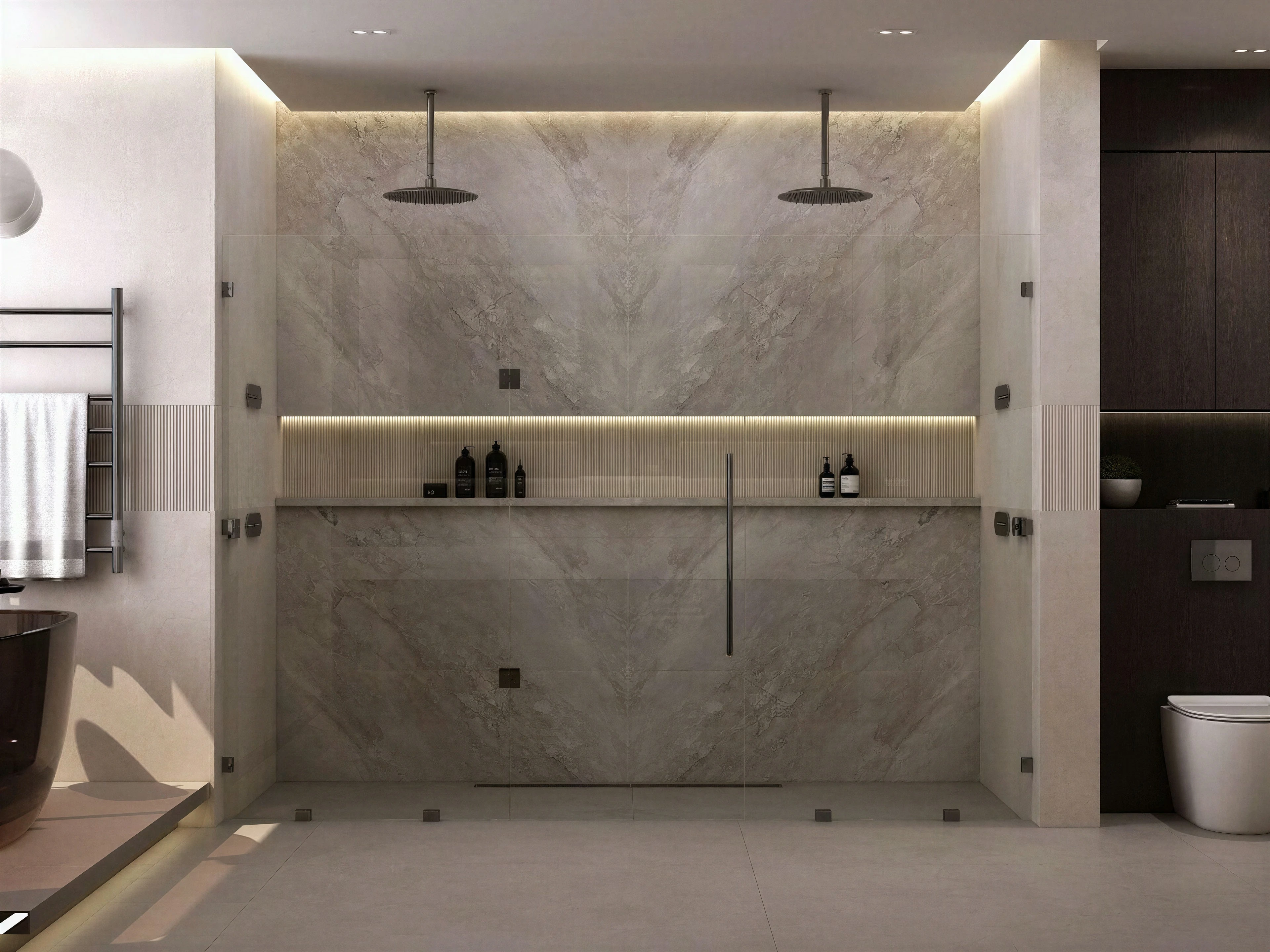 Wide shower enclosure with two shower heads and a bench.