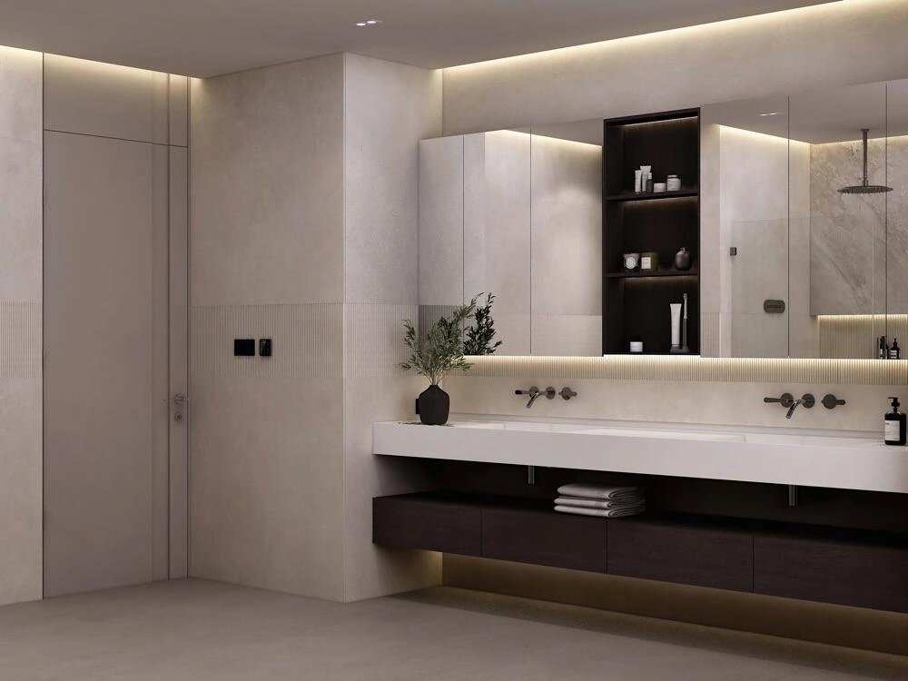 Project rendering: floating double vanity beneath illuminated mirrors and open shelving.