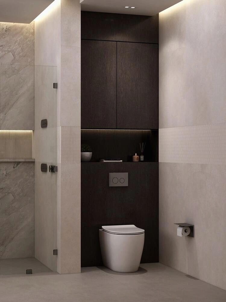 Project rendering: wall-hung toilet beneath dark built-in storage beside the shower.