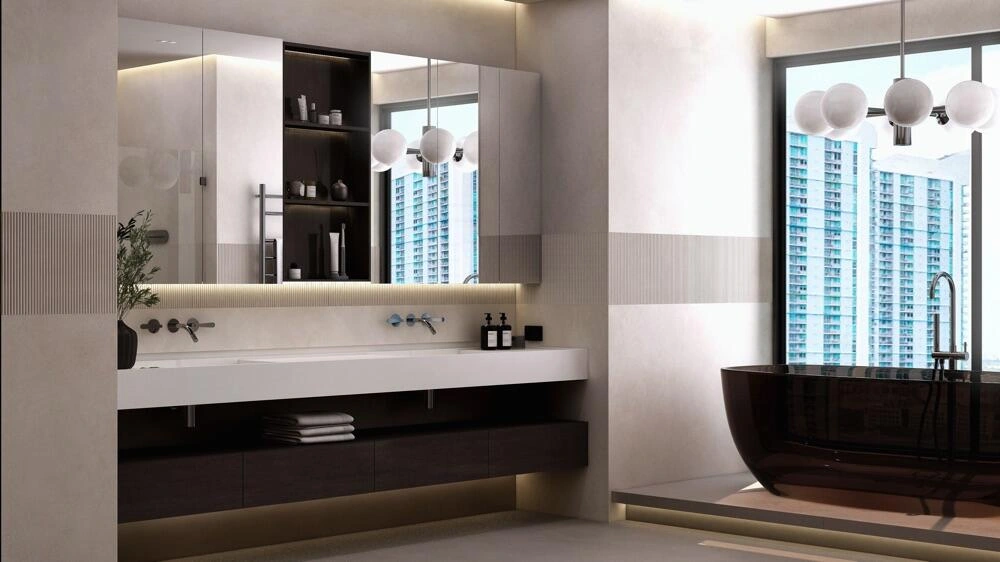 Project rendering: double vanity and freestanding tub beside the skyline window.