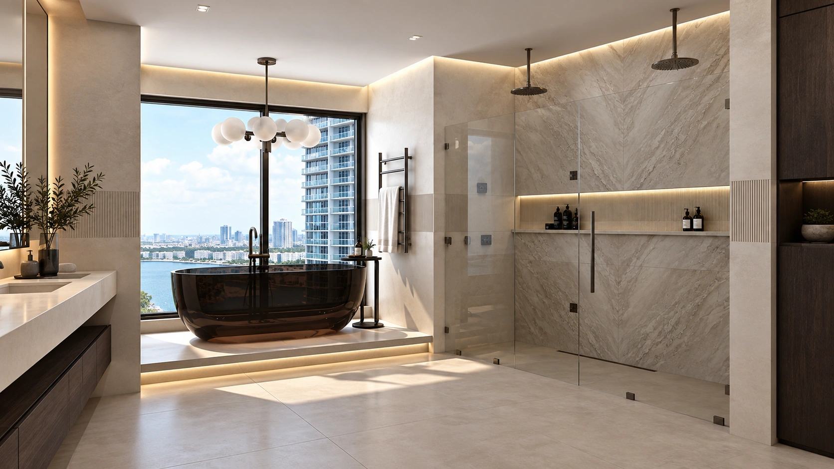 AI-generated illustration: a skyline bathroom with a dark tub and stone shower.