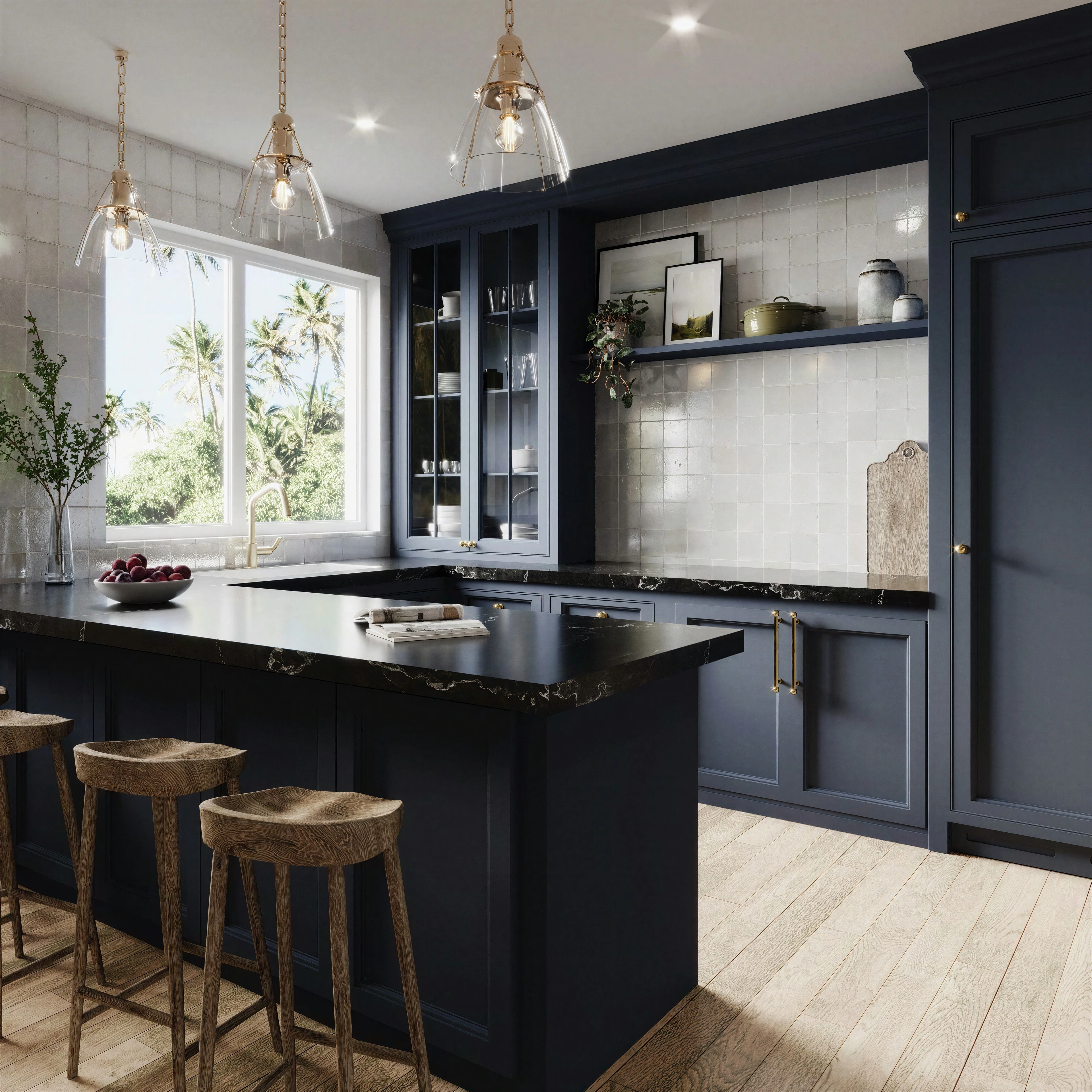 Slate blue kitchen with a dark island and counter seating.