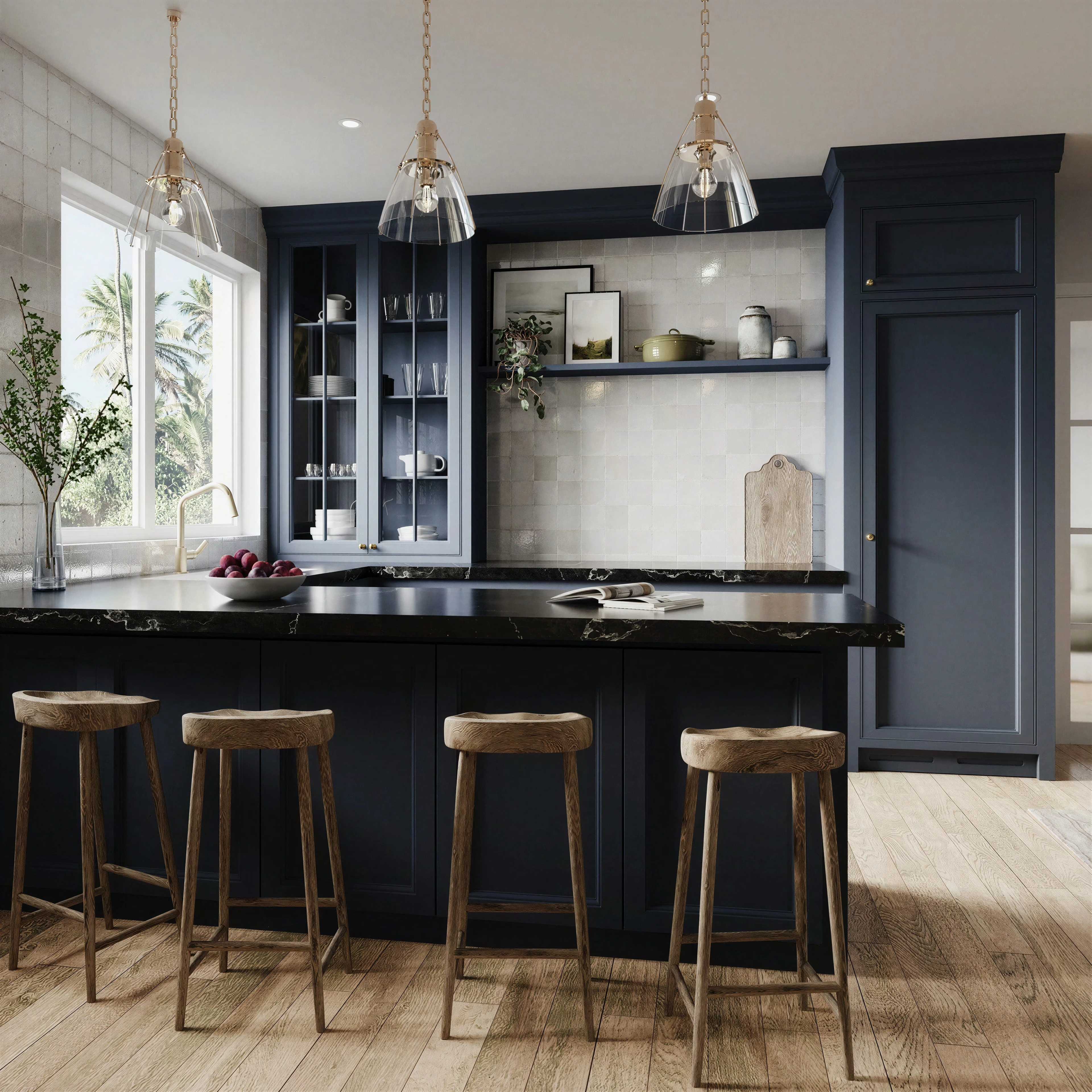 Kitchen island facing glass-front display cabinets.