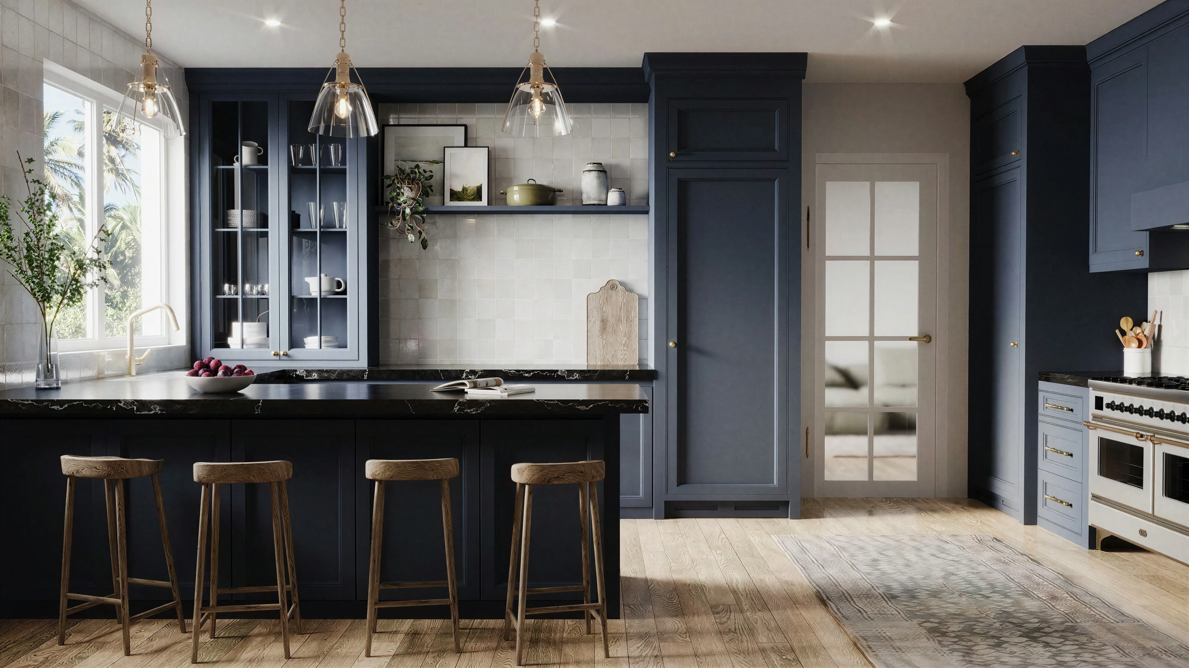 Wide view of the blue kitchen island and integrated appliances.