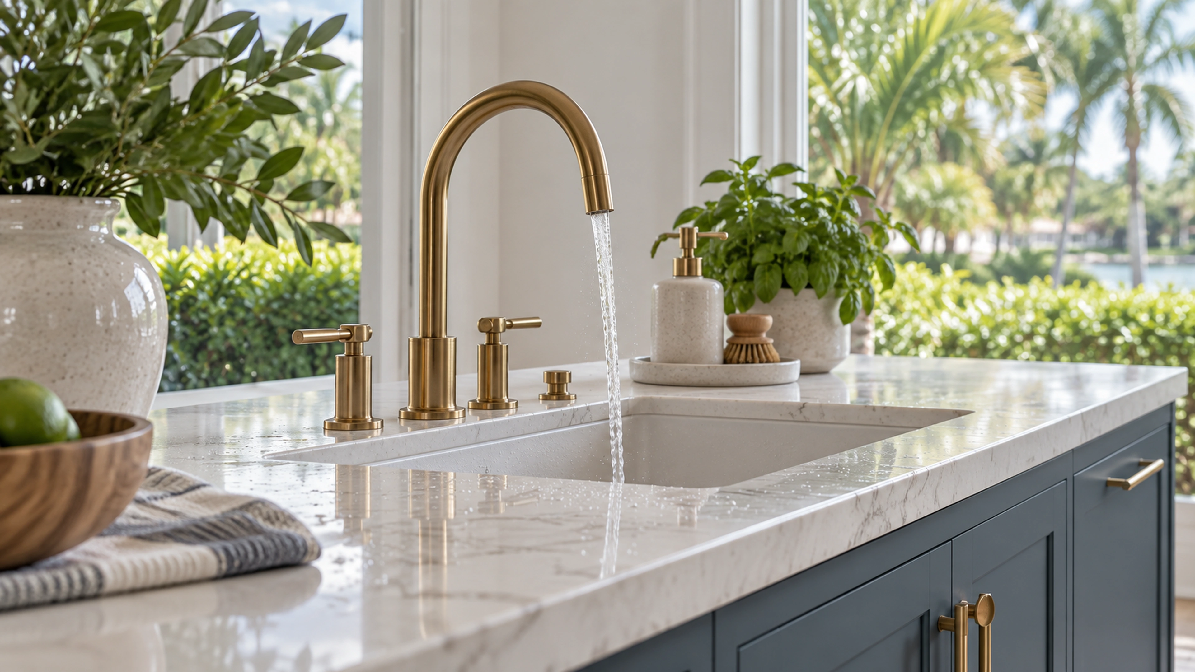 River Light Kitchen — the sink and stone; design-concept visualization.