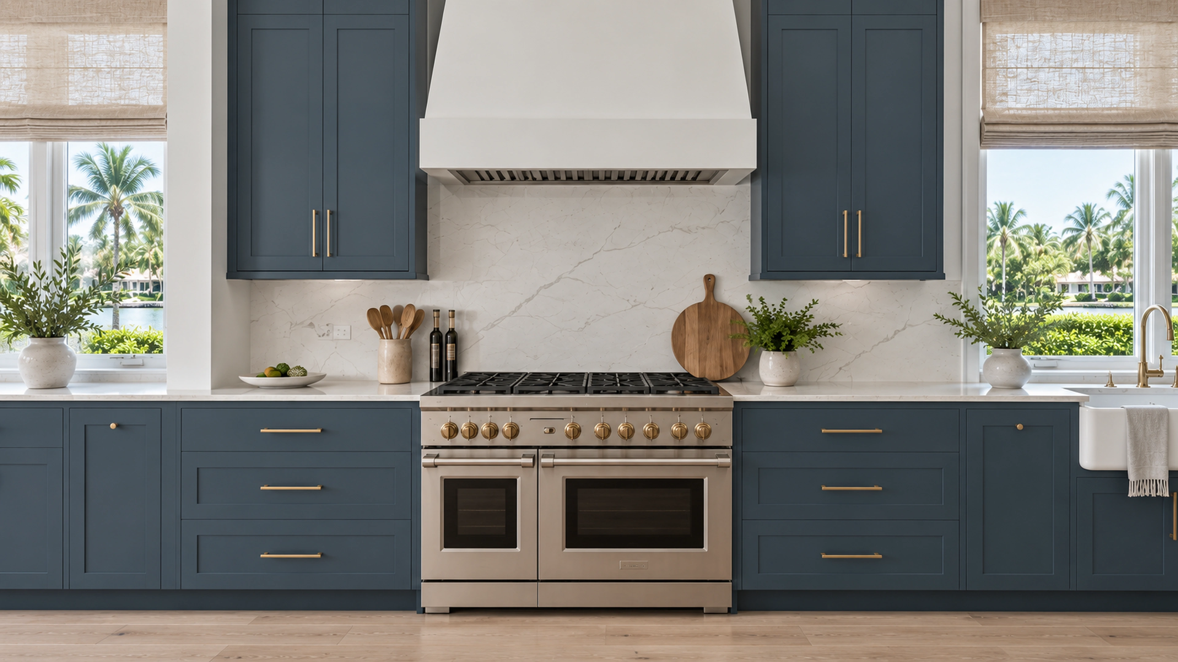 River Light Kitchen — the cooking wall; design-concept visualization.