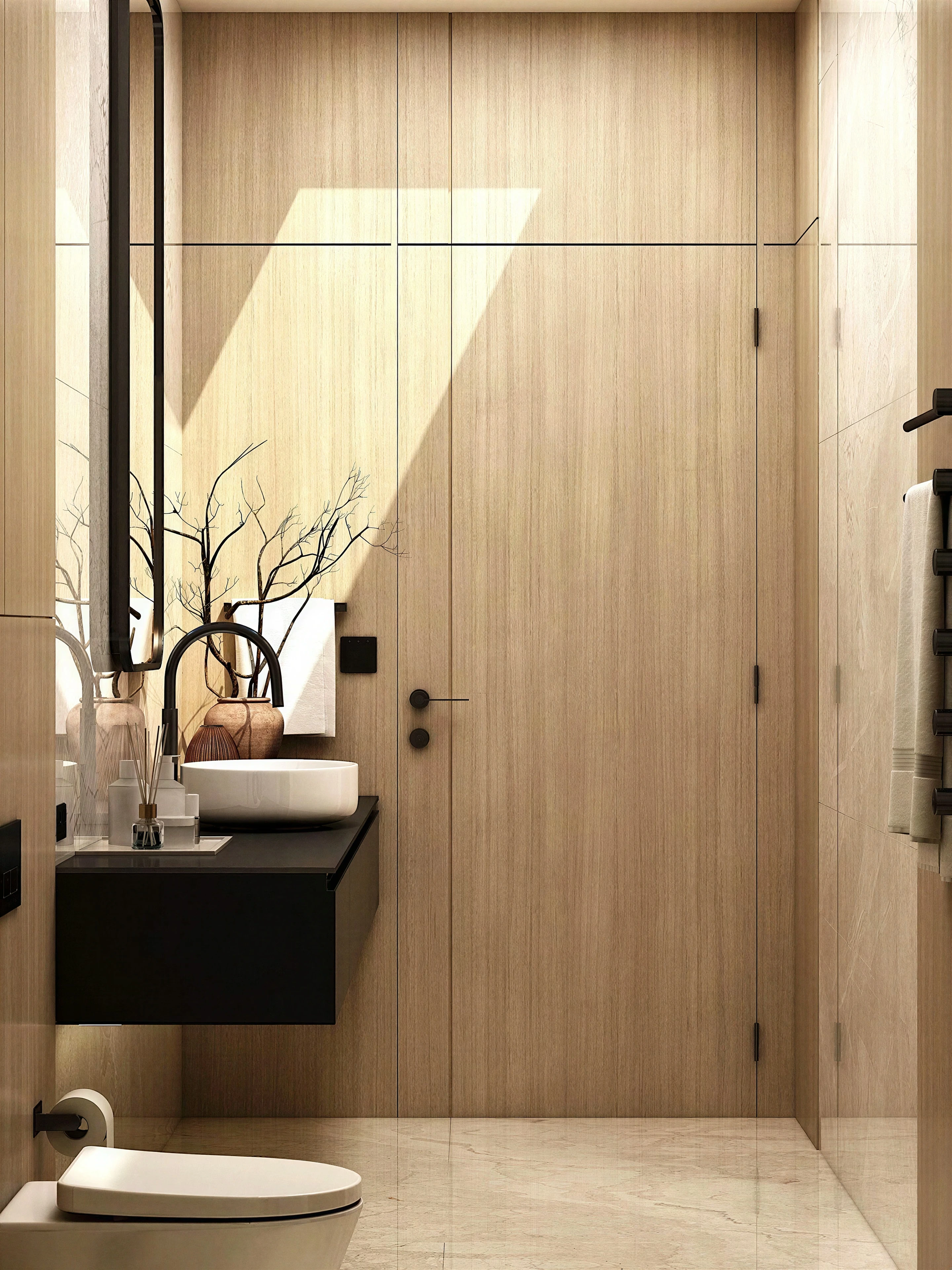 Wood-paneled bathroom wall beside the vanity and toilet.