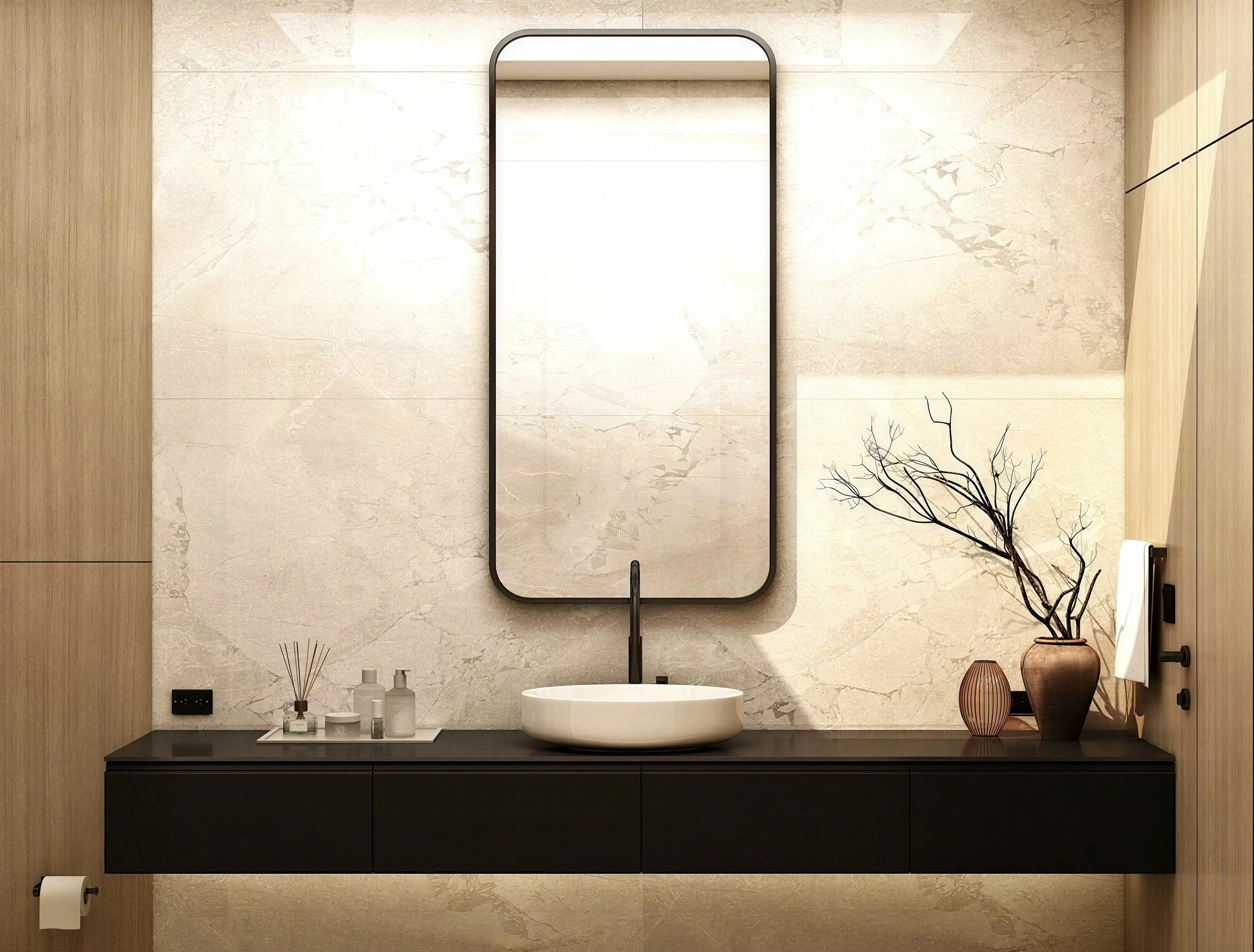 Dark floating vanity with a vessel basin and tall mirror.