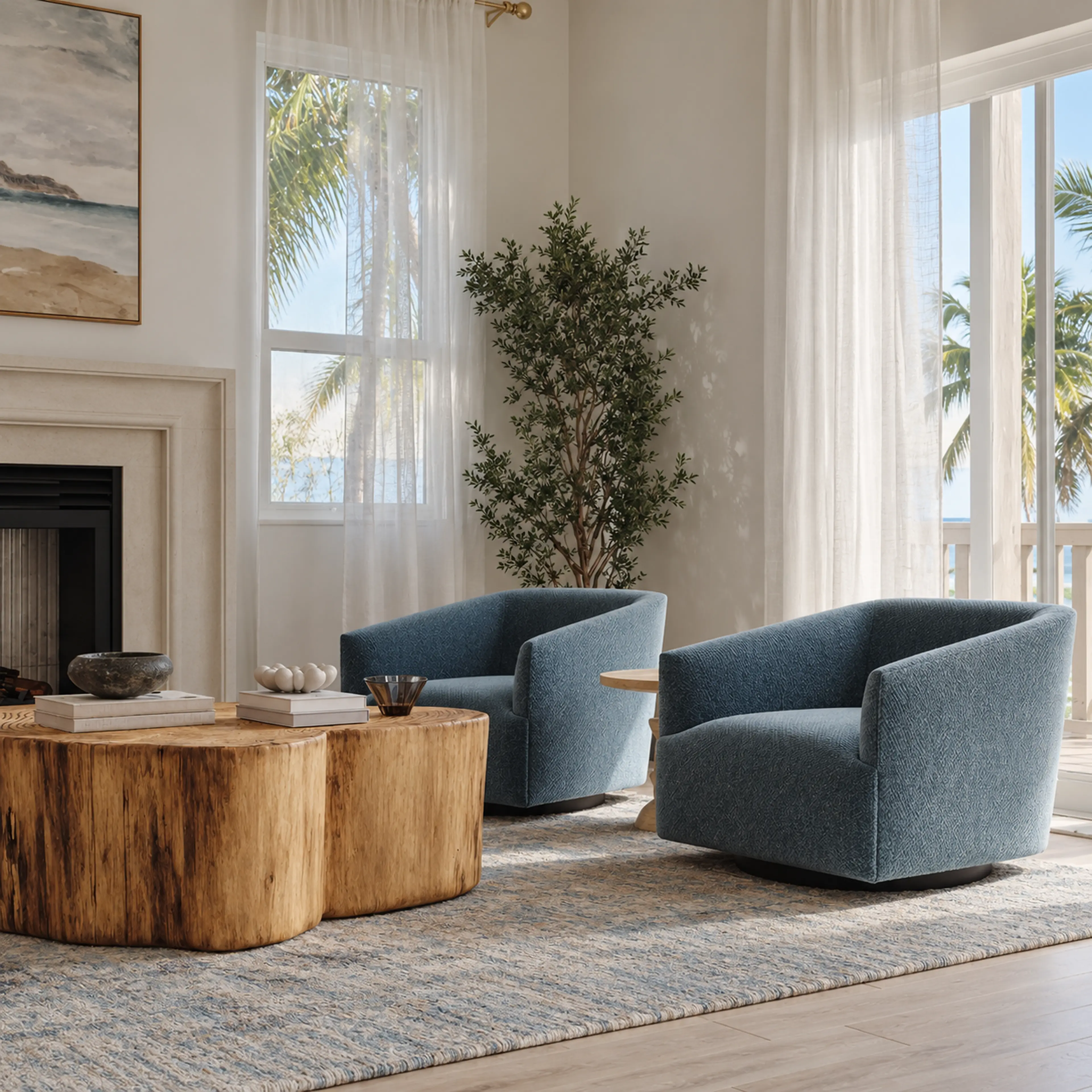 Photographic detail of two blue lounge chairs beside a live-edge wood coffee table.