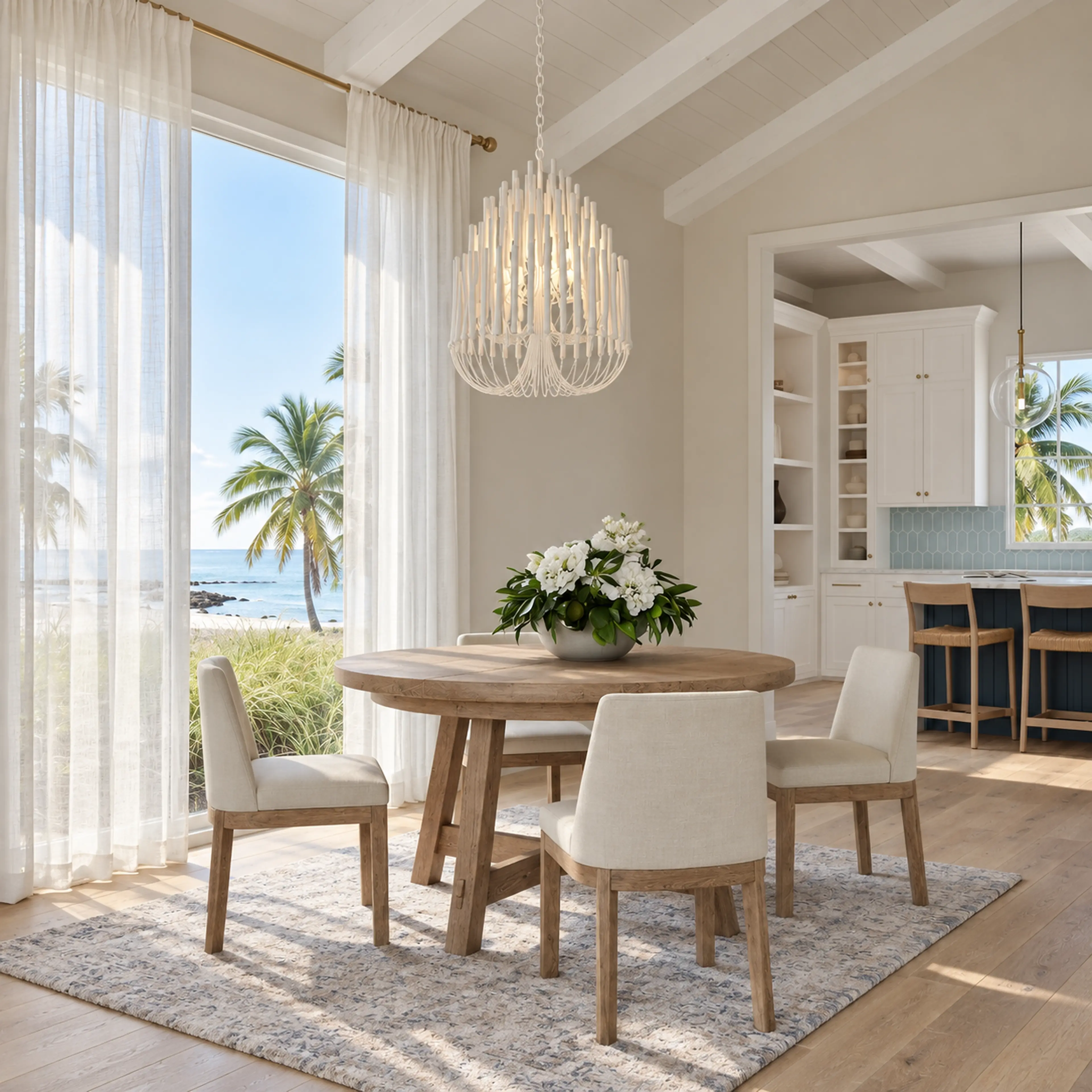 Photographic round-oak dining area opening toward the white-and-navy kitchen.