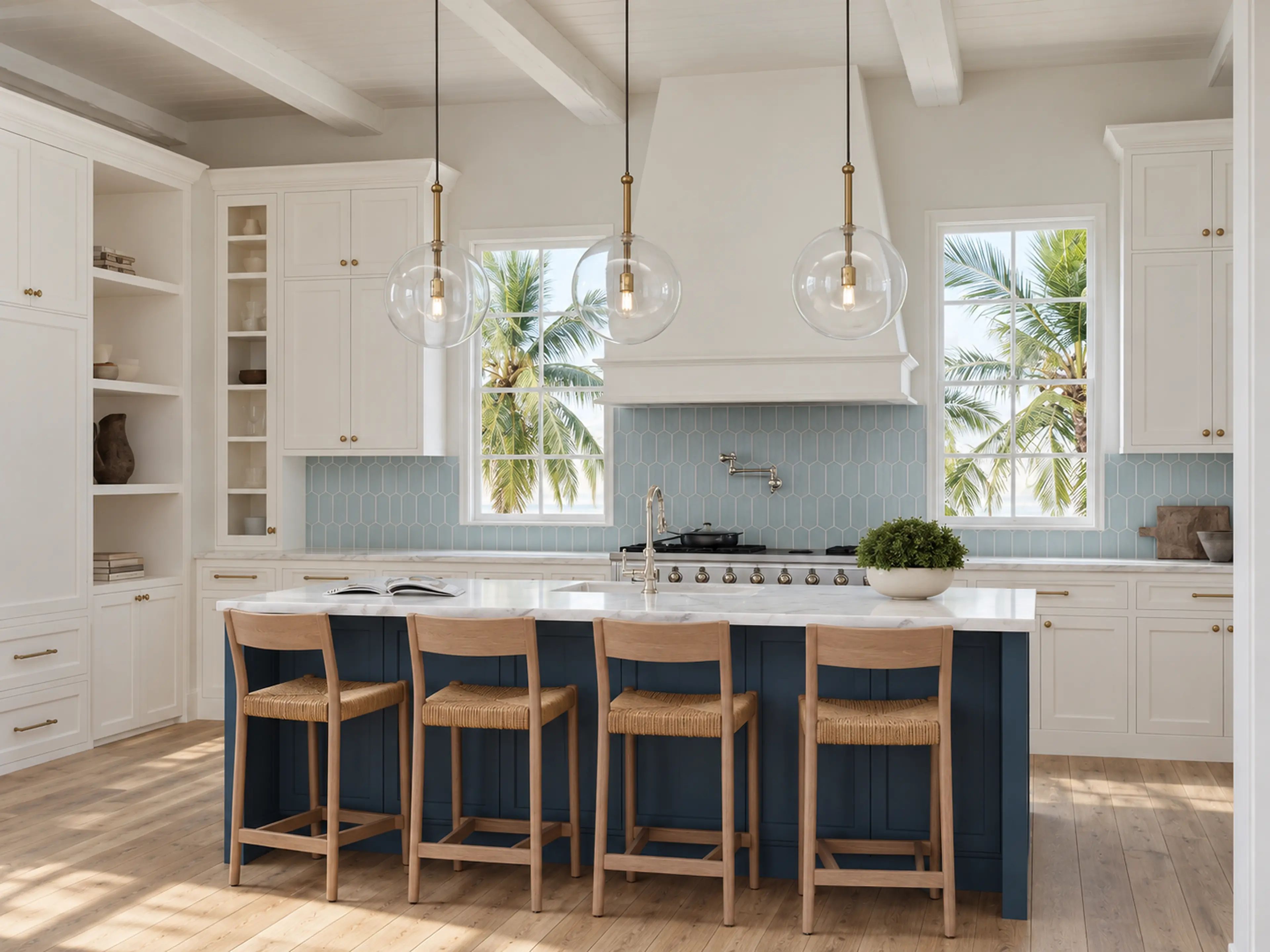 Photographic white coastal kitchen with a navy island and clear globe pendants.