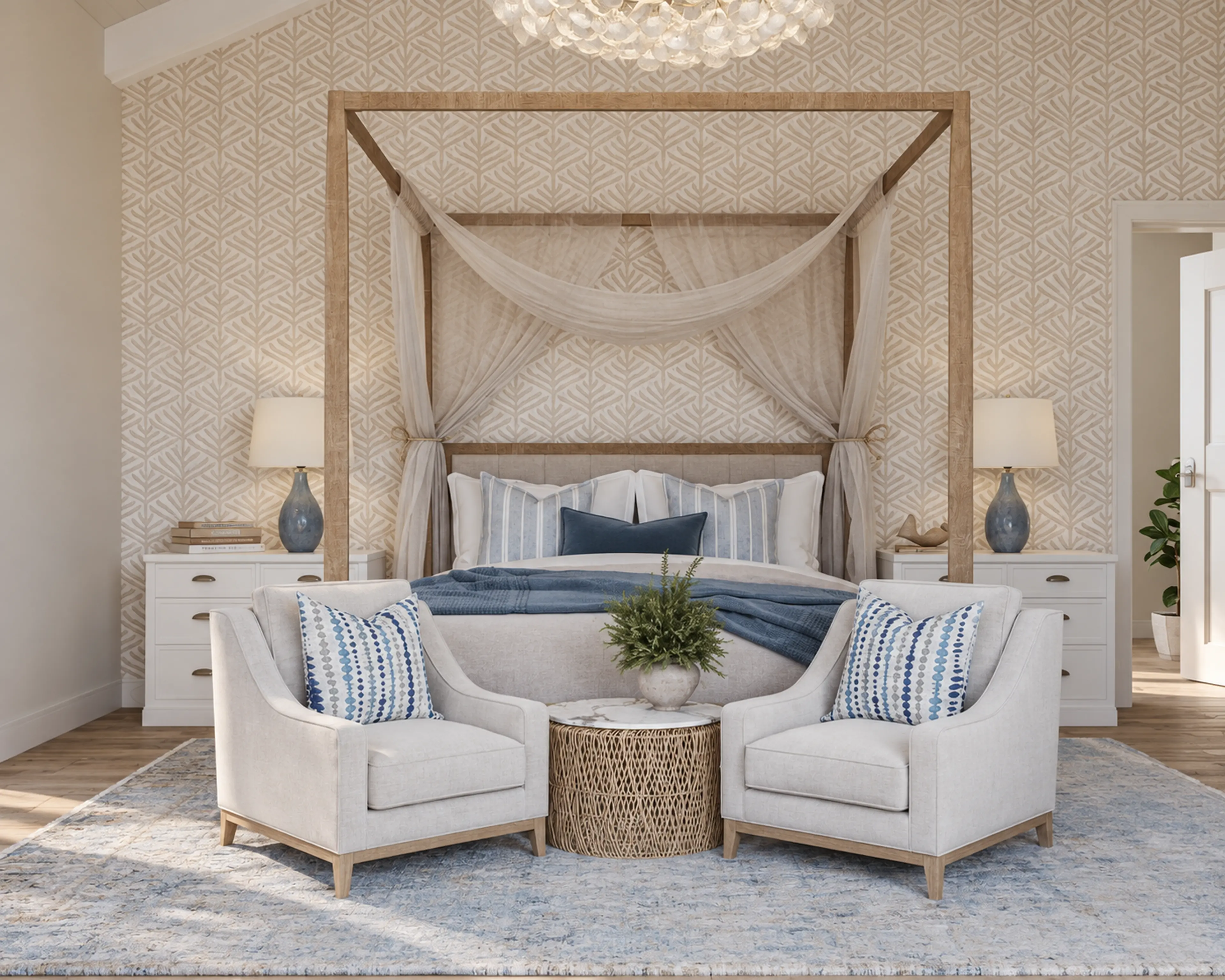 Photographic centered primary bedroom with a draped canopy bed and blue accents.
