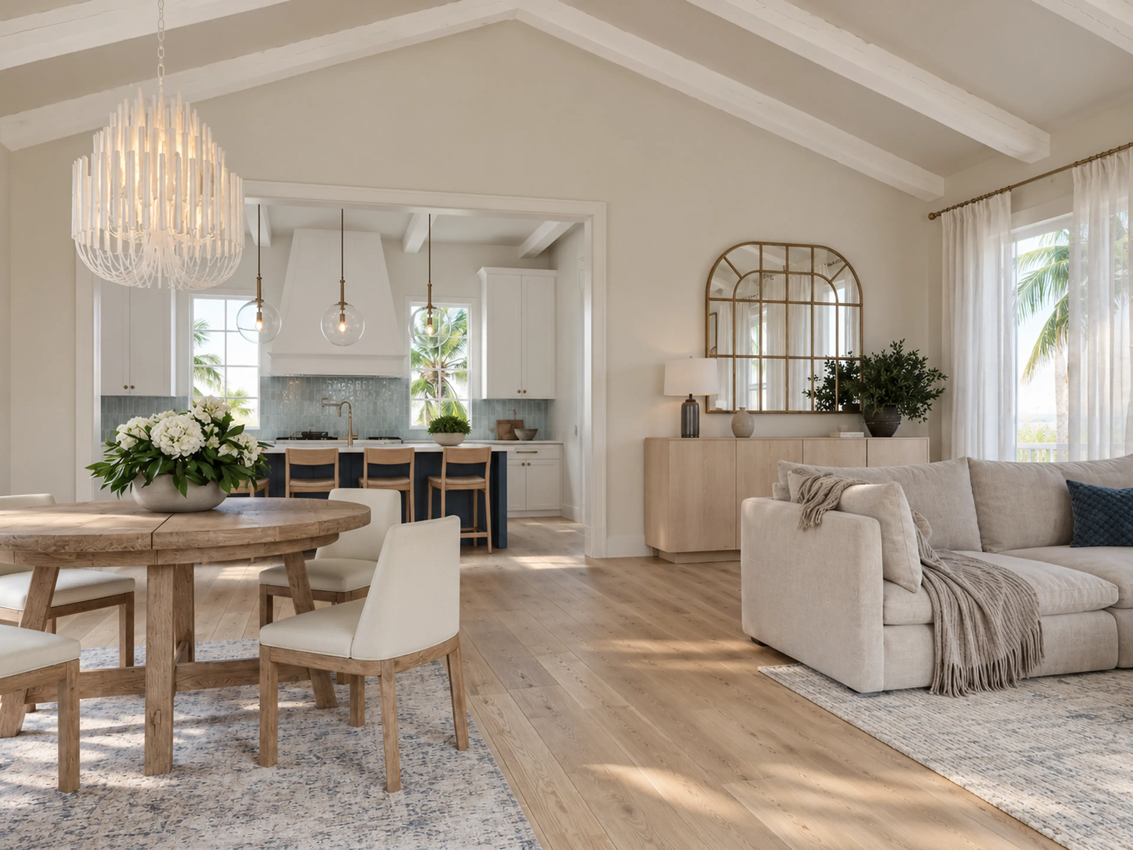 Photographic open coastal living, dining and kitchen space beneath a vaulted white-beam ceiling.