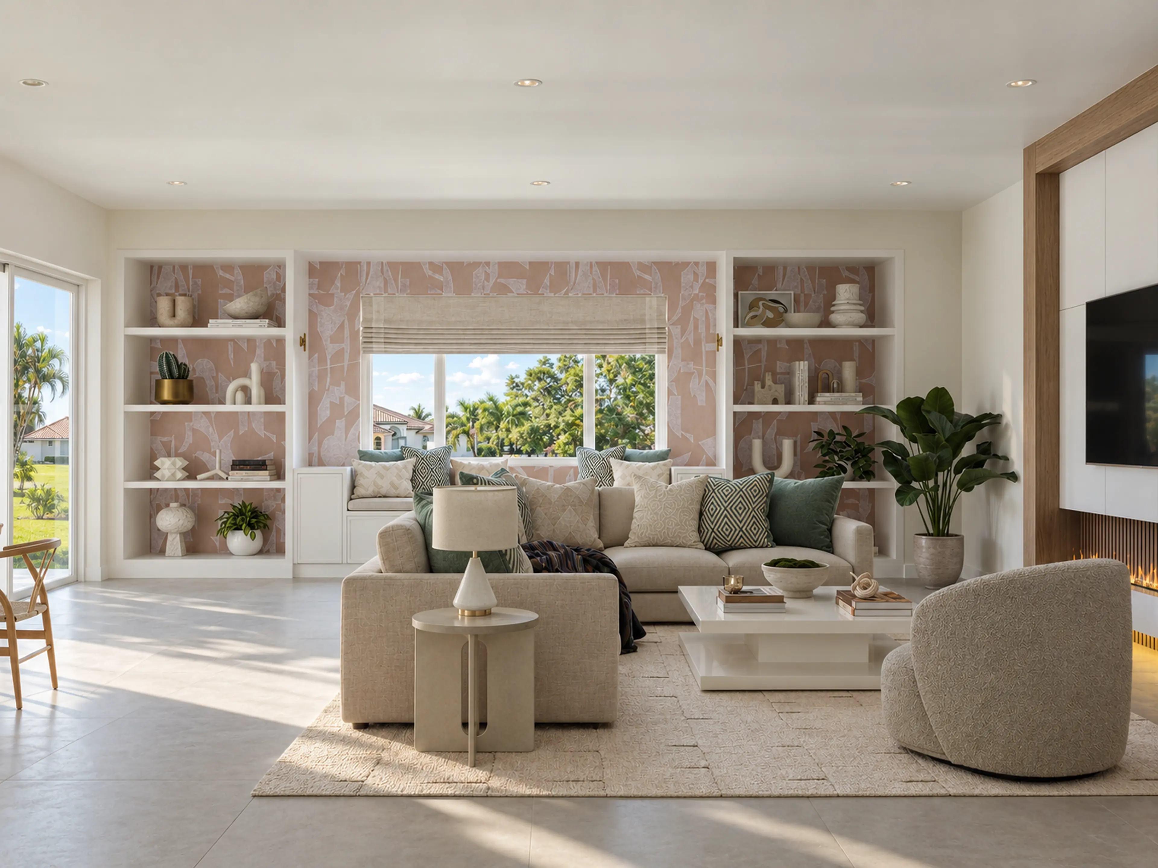 Sitting area with built-in shelves and neutral upholstery.