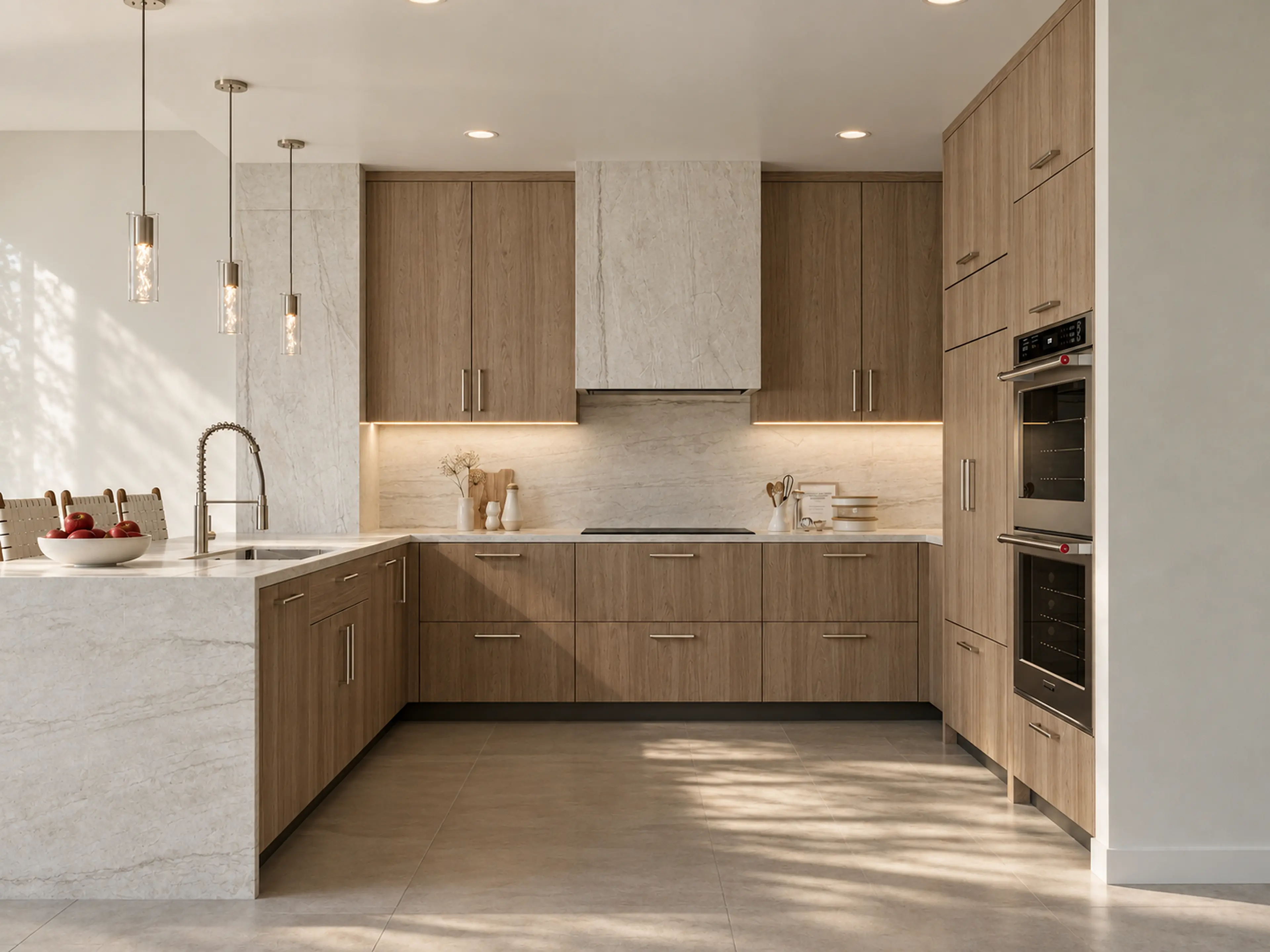 Kitchen with wood cabinetry and a stone island.