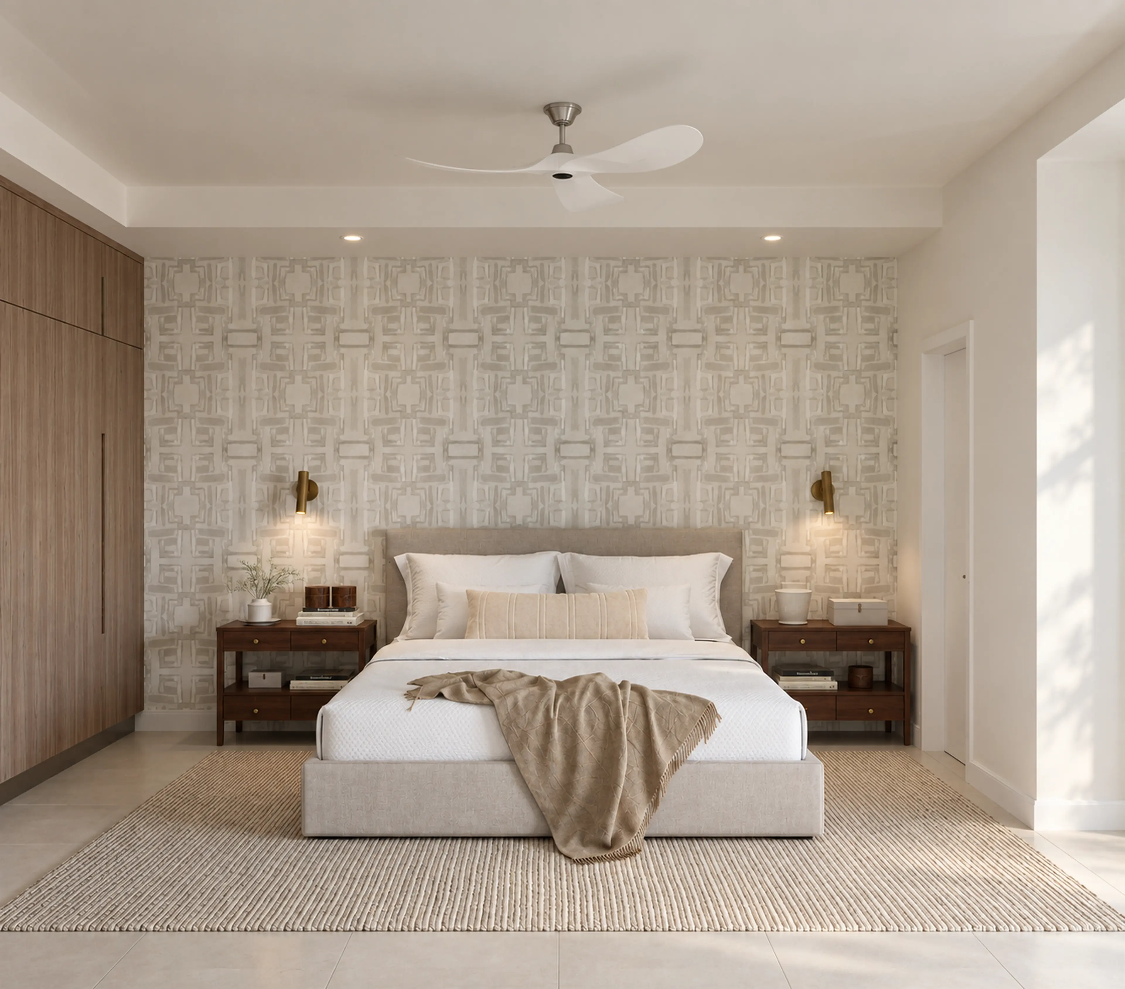 Bedroom with a broad upholstered headboard.
