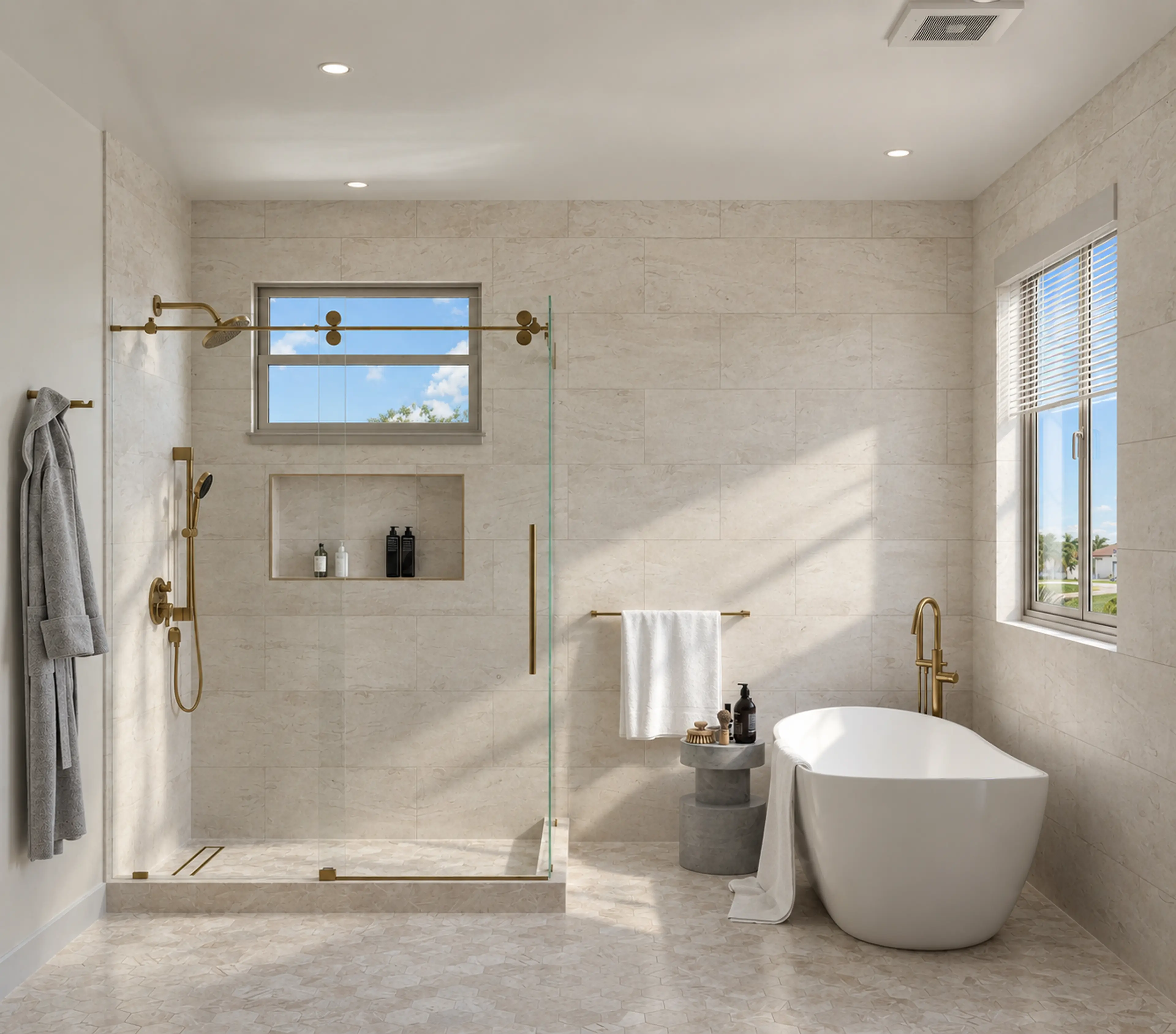 Bathroom with a freestanding tub and glass shower.