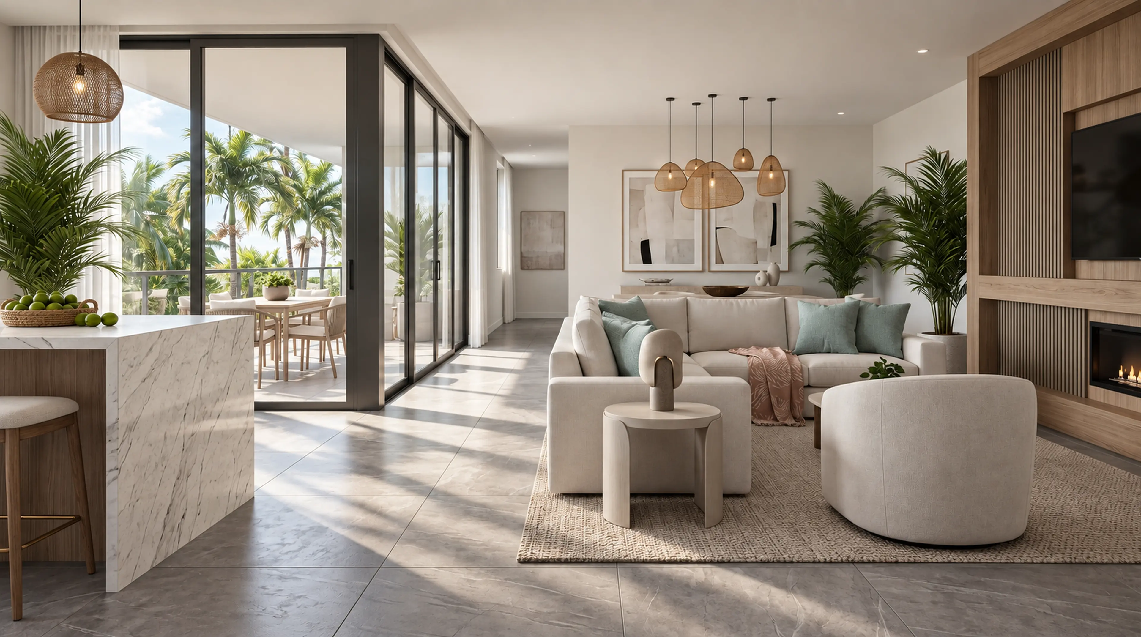 Photographic living room view toward the glazed terrace and media wall.