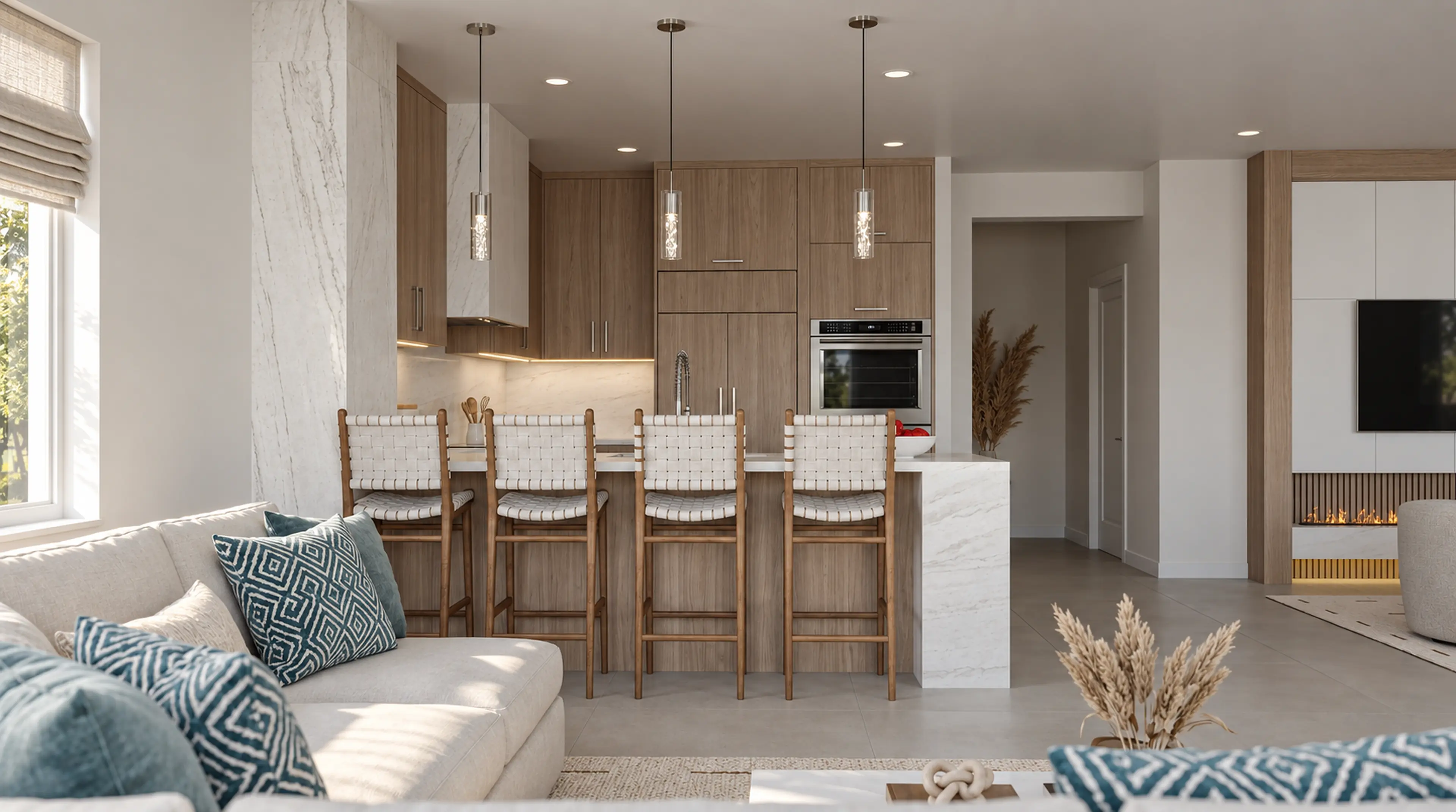 Photographic view from the sitting area toward the kitchen island.