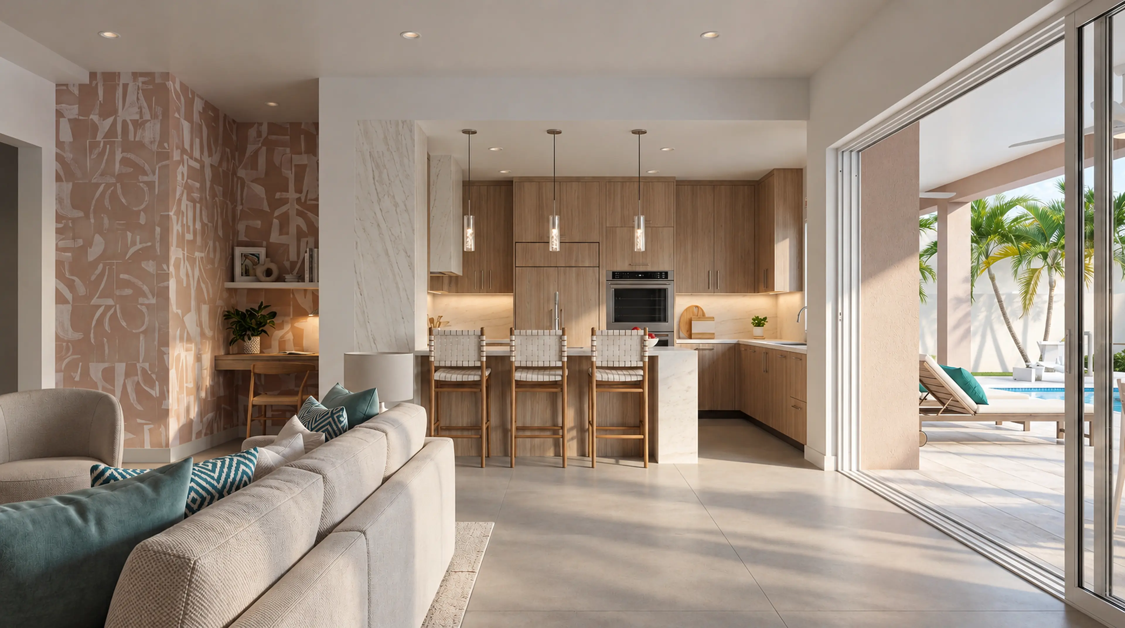 Photographic kitchen and living space opening onto the pool terrace.