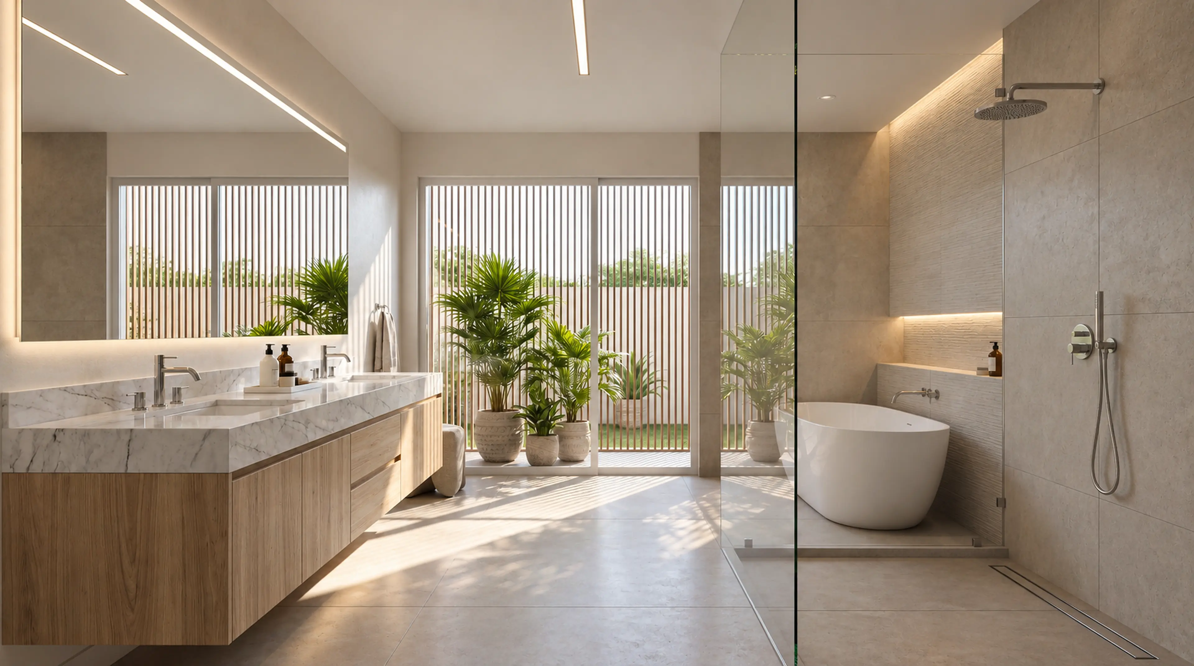 Photographic bathroom with a floating vanity, freestanding tub and glass shower.
