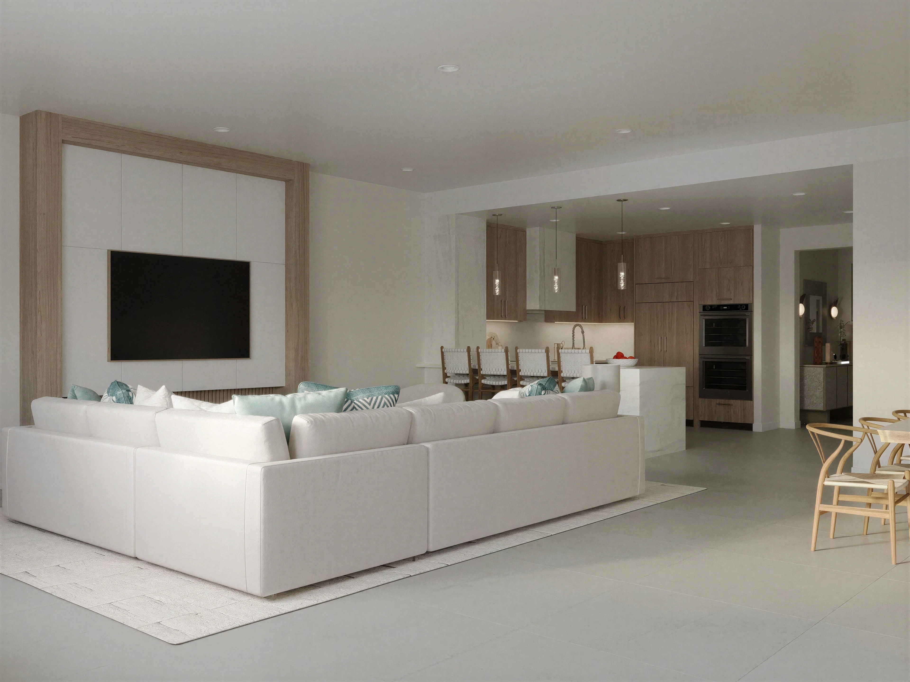 Open living area with a pale sectional sofa.