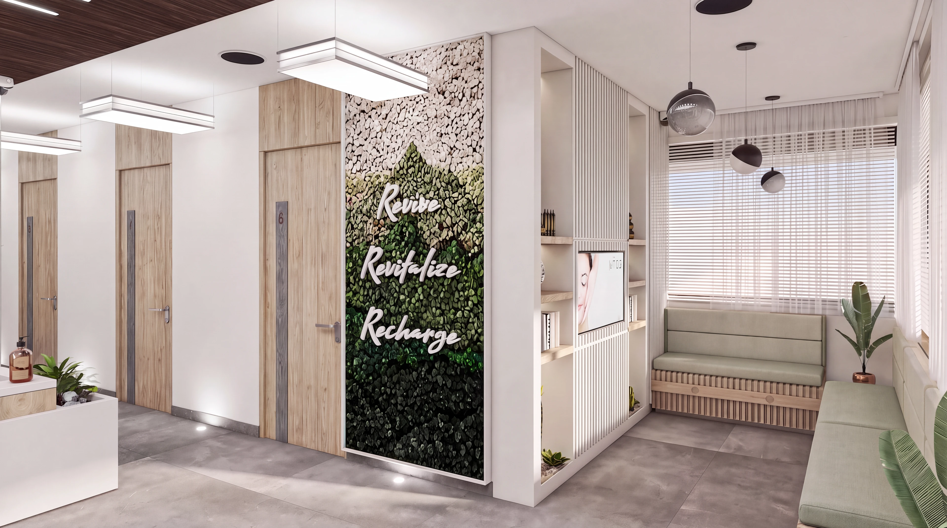 Interior corridor with green wall panels and waiting benches.