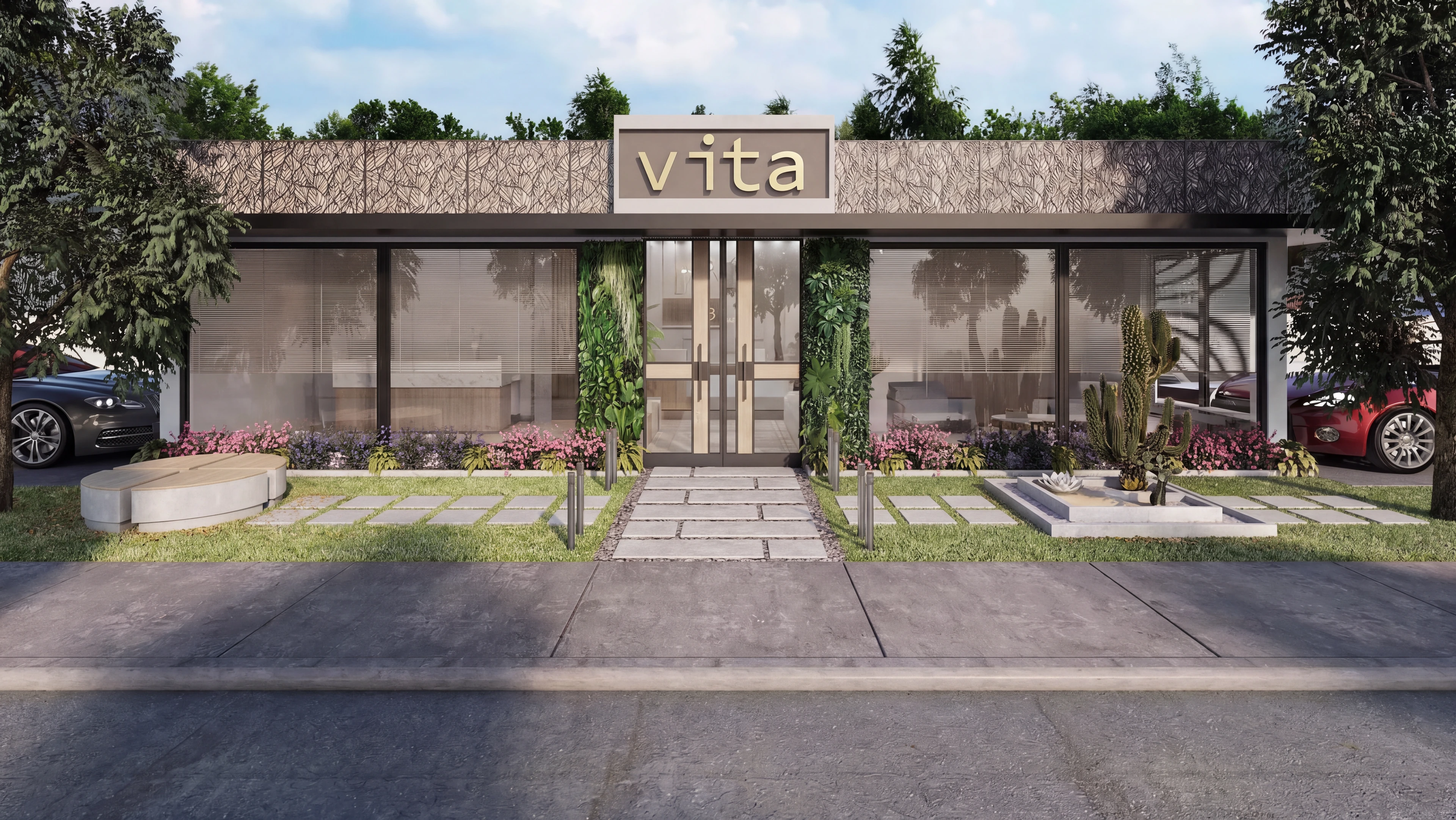 Wellness center exterior with a central glazed entrance.