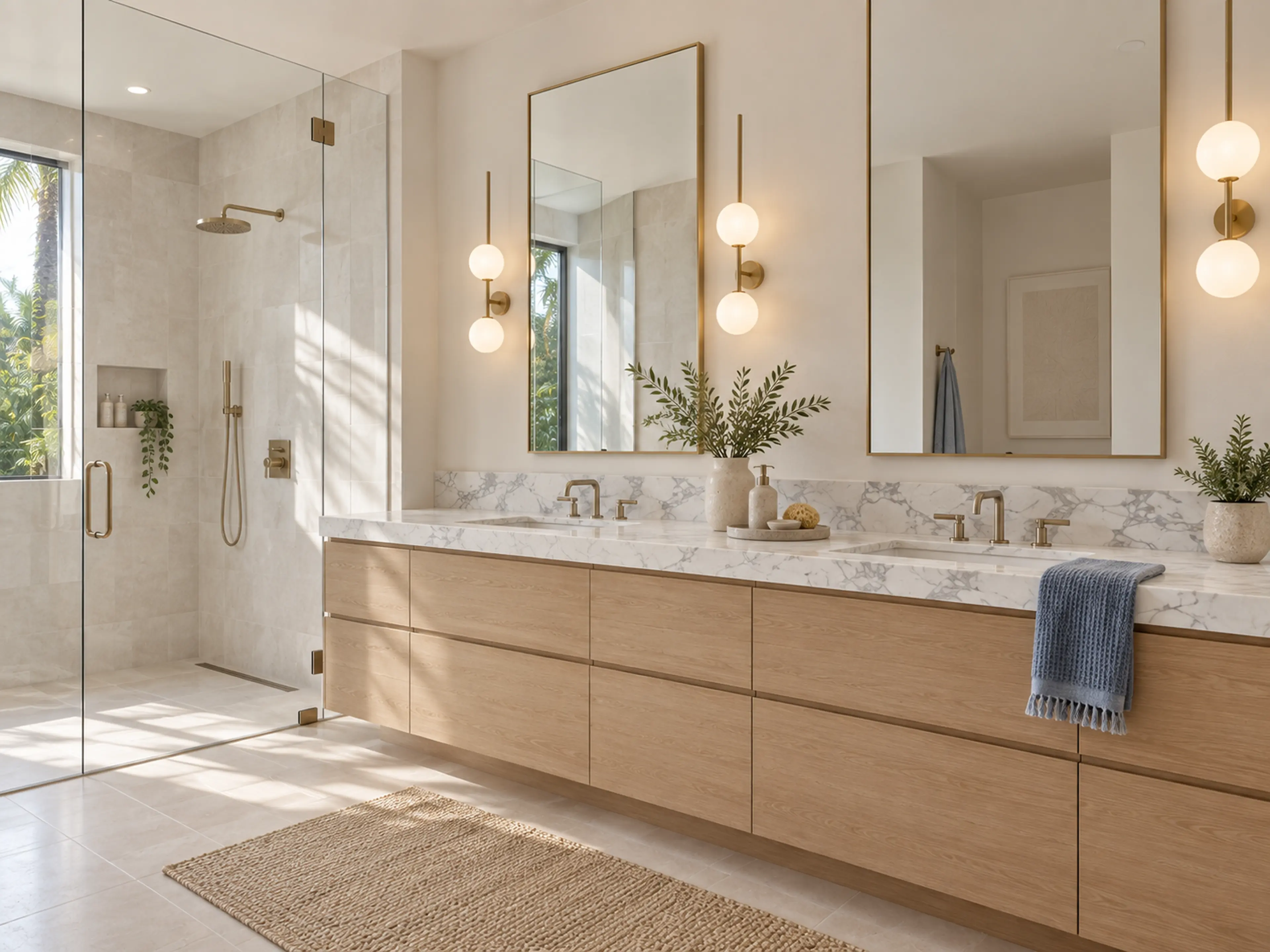 Supplemental primary bathroom with a pale-oak double vanity and glass shower.